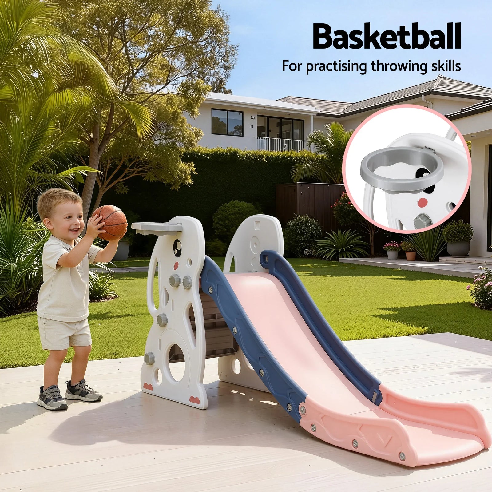 Kids Slide Set Basketball Hoop Ring Outdoor Playground Toy Rabbit 147cm