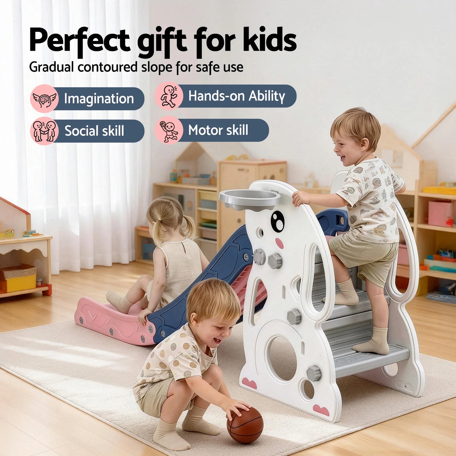 Kids Slide Set Basketball Hoop Ring Outdoor Playground Toy Rabbit 147cm