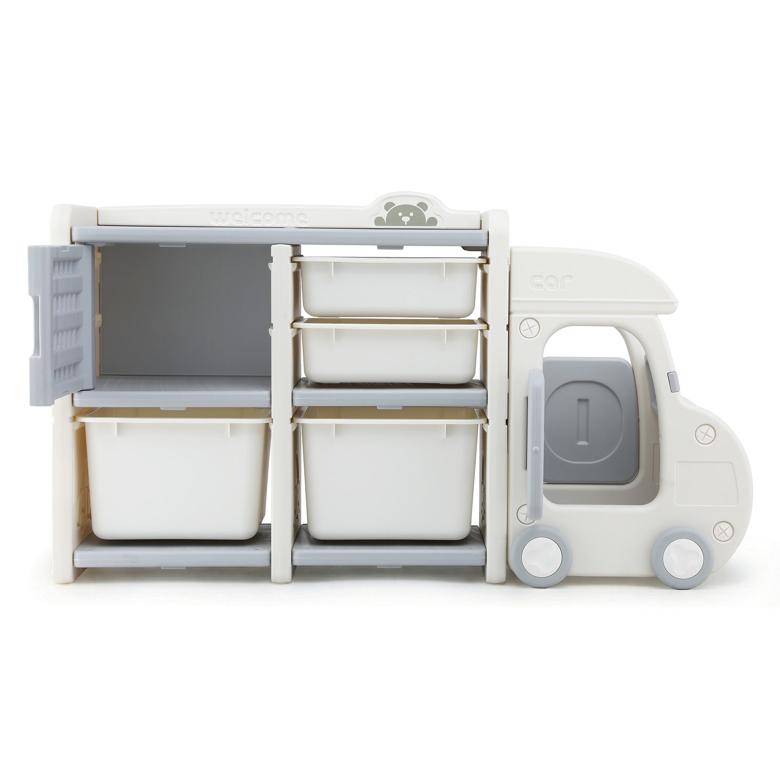 Toy Storage Organizer with 4 Storage Bins and Cabinet, Bookcase Kids Toys Box, Toy Storage for Kids Room, Playroom, Bedroom, Nursery, Car Shaped