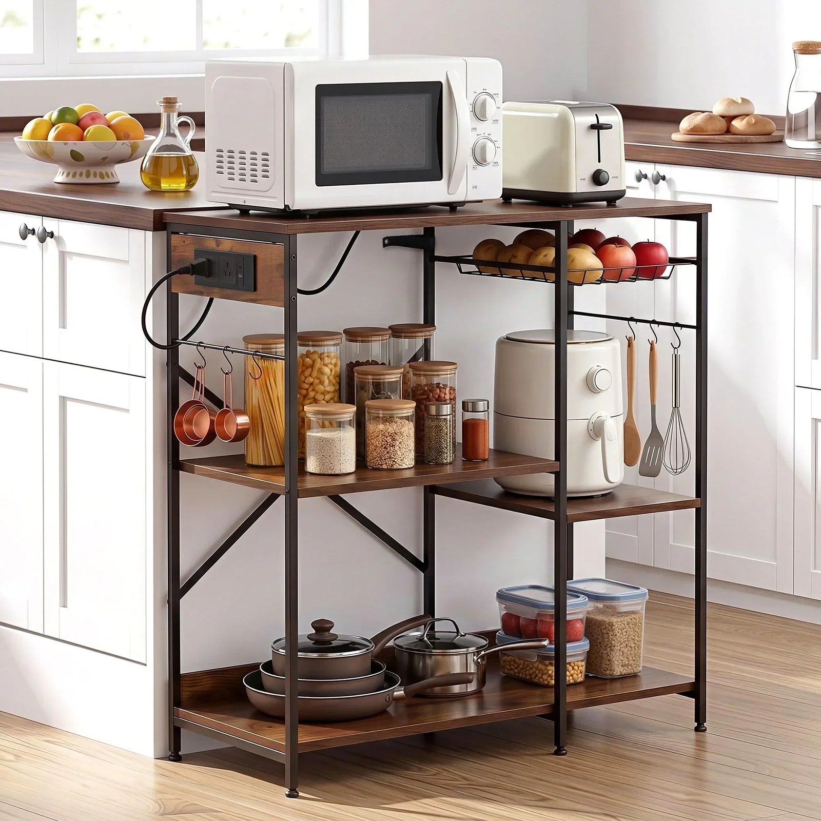 3-Tier Kitchen Rack with 2 Power Outlets Microwave Storage Shelf 6 Hooks 90CM