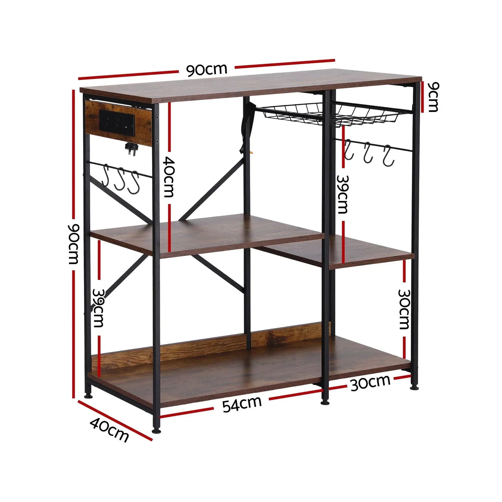 3-Tier Kitchen Rack with 2 Power Outlets Microwave Storage Shelf 6 Hooks 90CM
