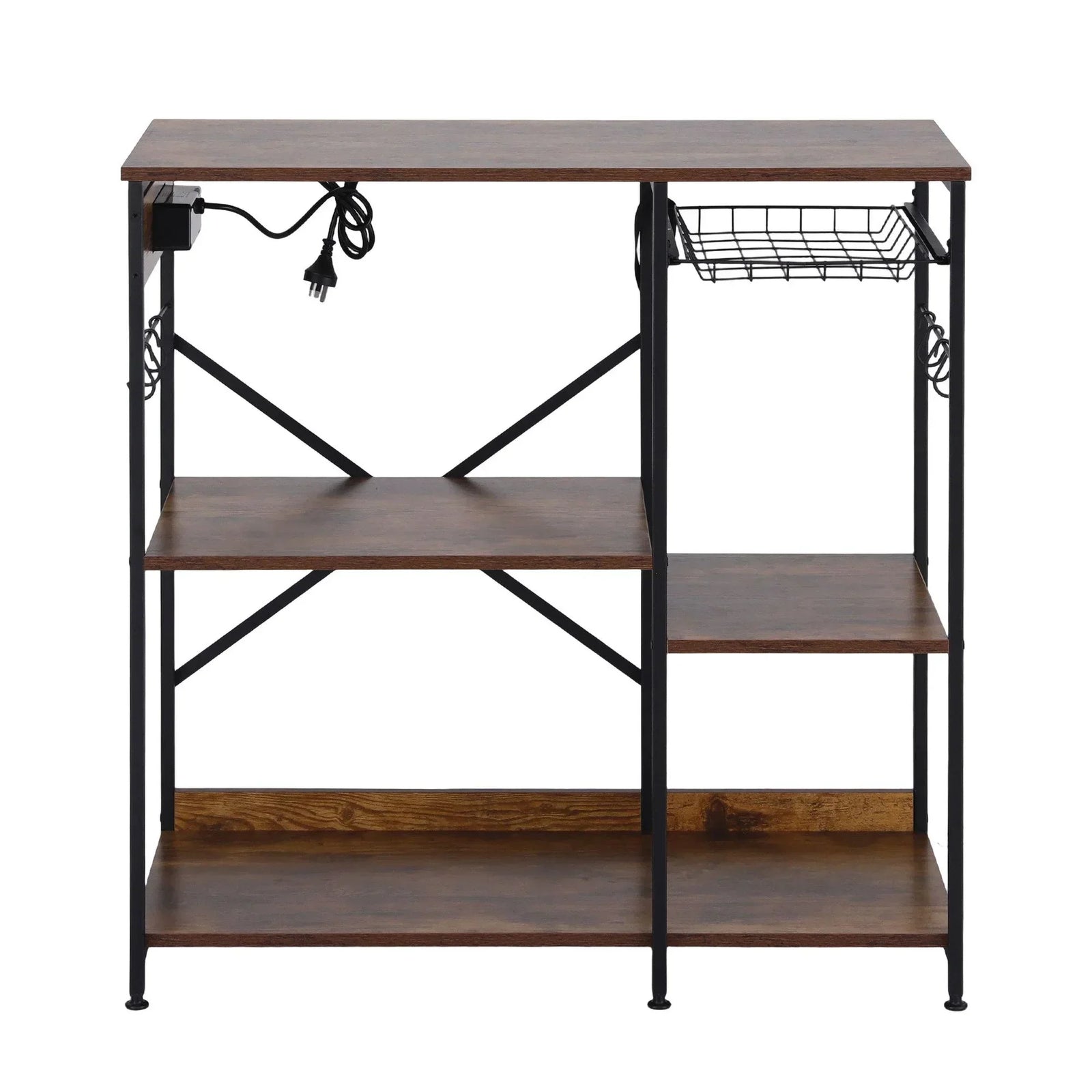 3-Tier Kitchen Rack with 2 Power Outlets Microwave Storage Shelf 6 Hooks 90CM