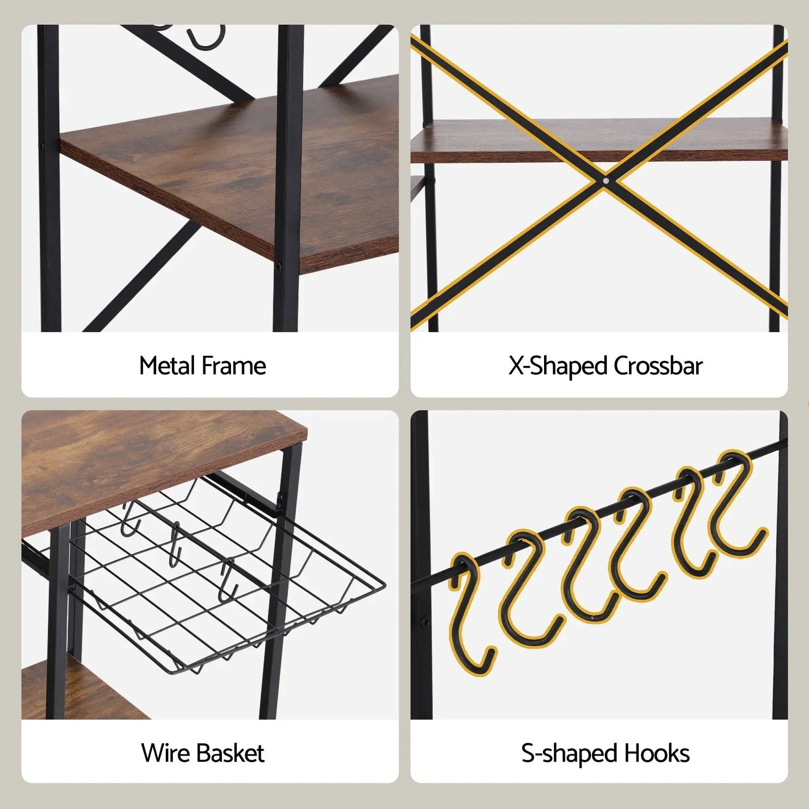 3-Tier Kitchen Rack with 2 Power Outlets Microwave Storage Shelf 6 Hooks 90CM