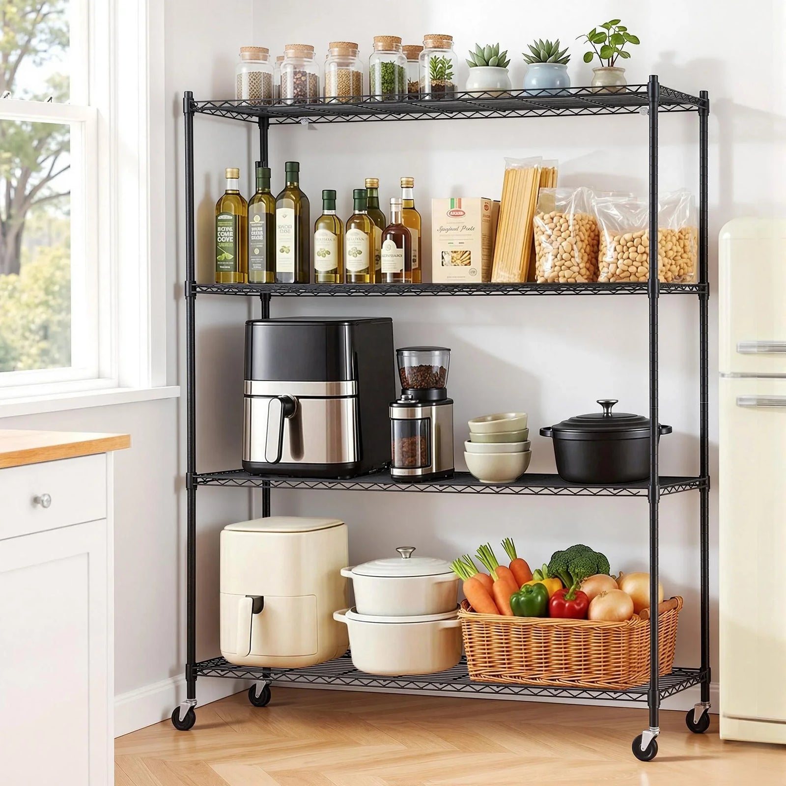 4‑Tier Metal Kitchen Rack 152×45×187cm – 180kg Shelves, Wheels, Black