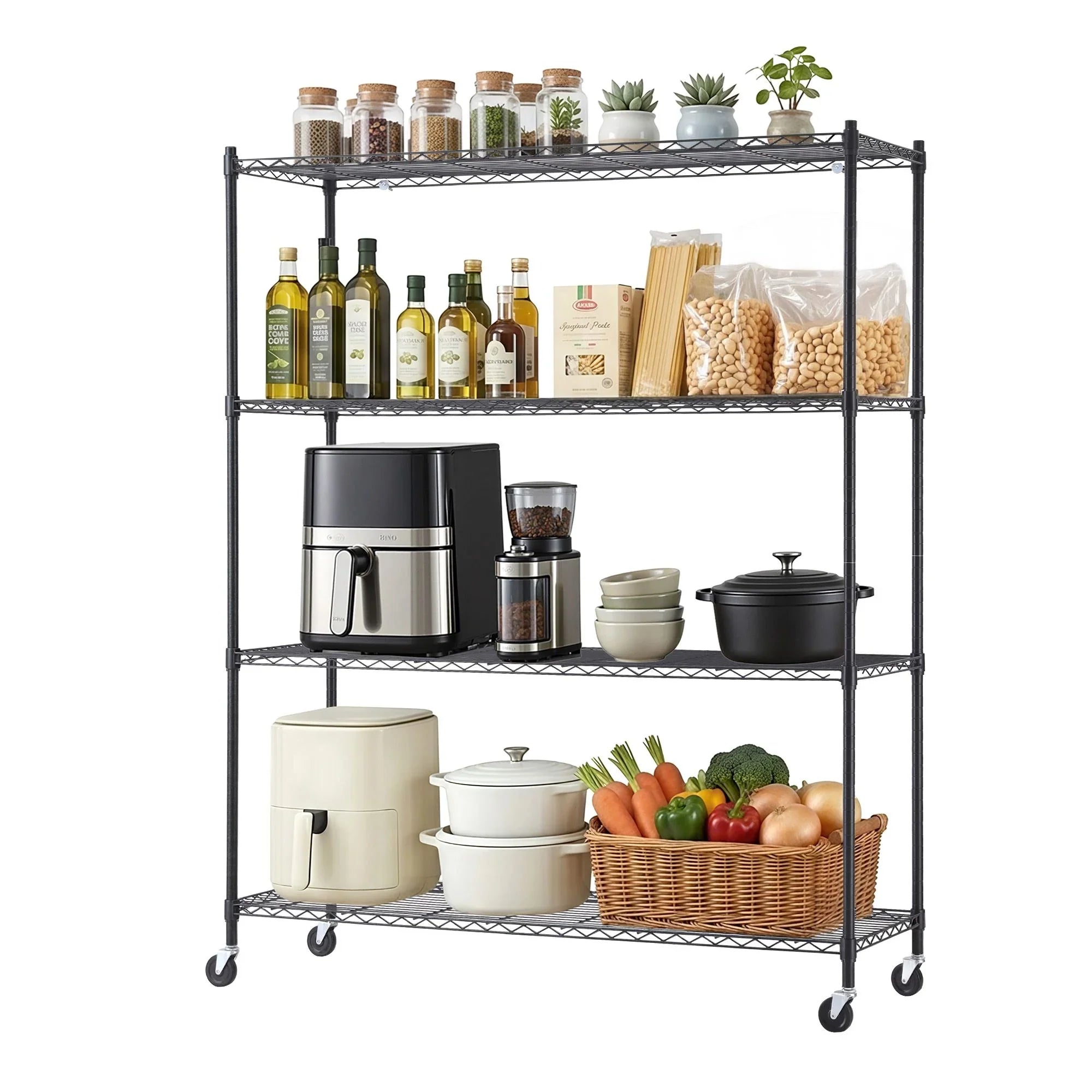 4‑Tier Metal Kitchen Rack 152×45×187cm – 180kg Shelves, Wheels, Black