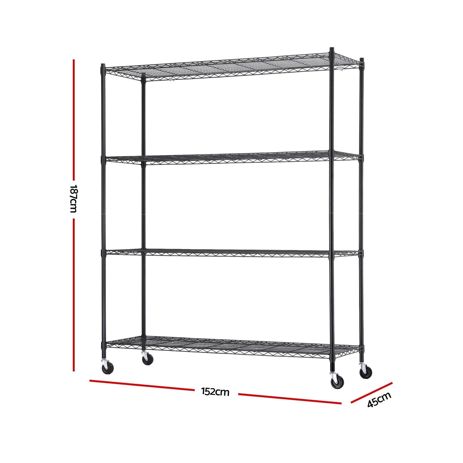 4‑Tier Metal Kitchen Rack 152×45×187cm – 180kg Shelves, Wheels, Black