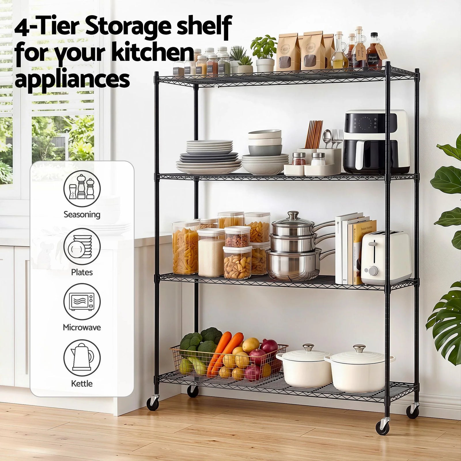 4‑Tier Metal Kitchen Rack 152×45×187cm – 180kg Shelves, Wheels, Black