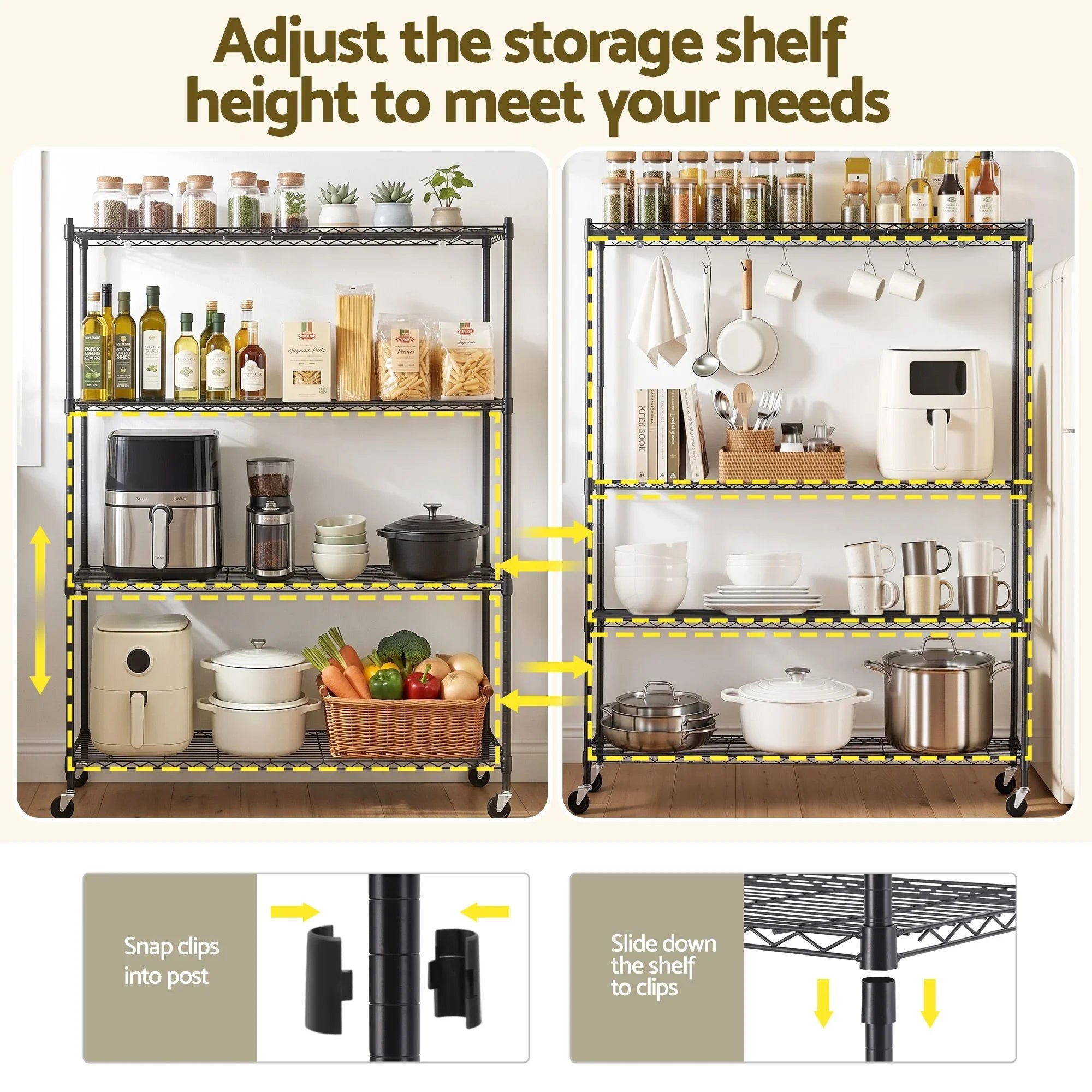 4‑Tier Metal Kitchen Rack 152×45×187cm – 180kg Shelves, Wheels, Black