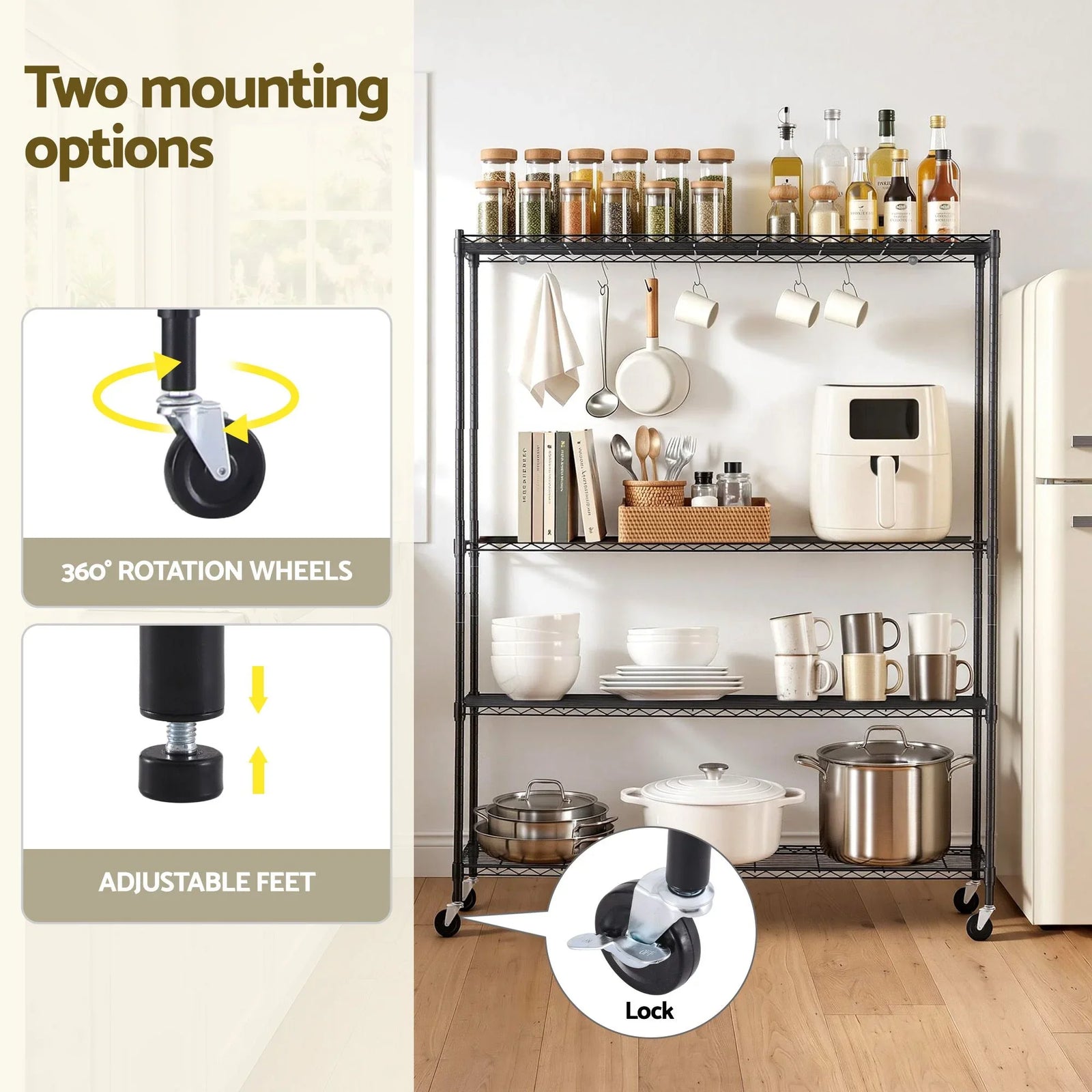 4‑Tier Metal Kitchen Rack 152×45×187cm – 180kg Shelves, Wheels, Black