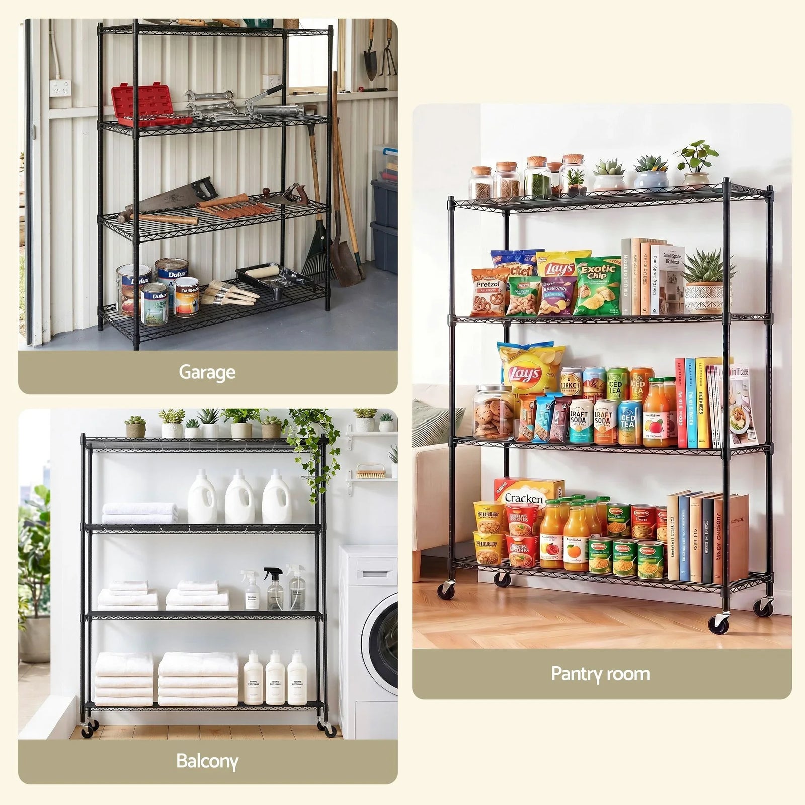4‑Tier Metal Kitchen Rack 152×45×187cm – 180kg Shelves, Wheels, Black