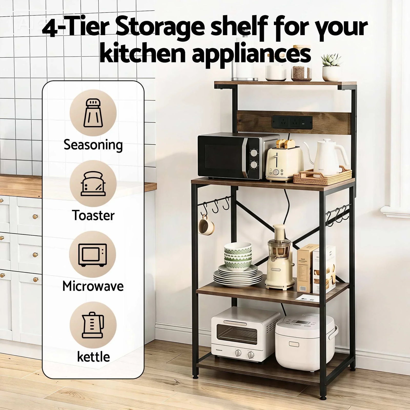 Artiss 4-Tier Kitchen Rack with 2 Power Outlets 6 Hooks Microwave Storage Shelf