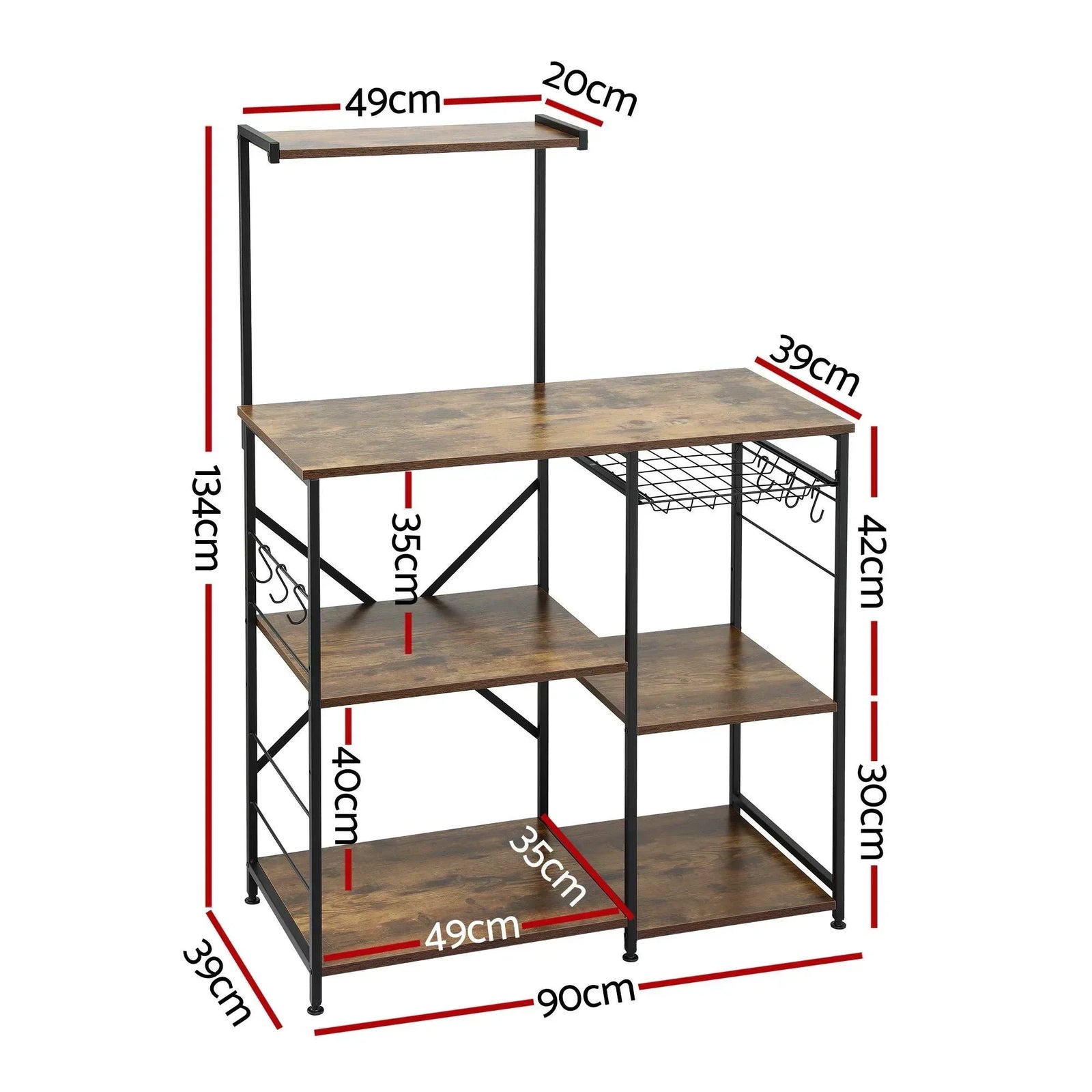 4-Tier Kitchen Rack with Pull Out Basket 6 Hooks Microwave Storage Shelf