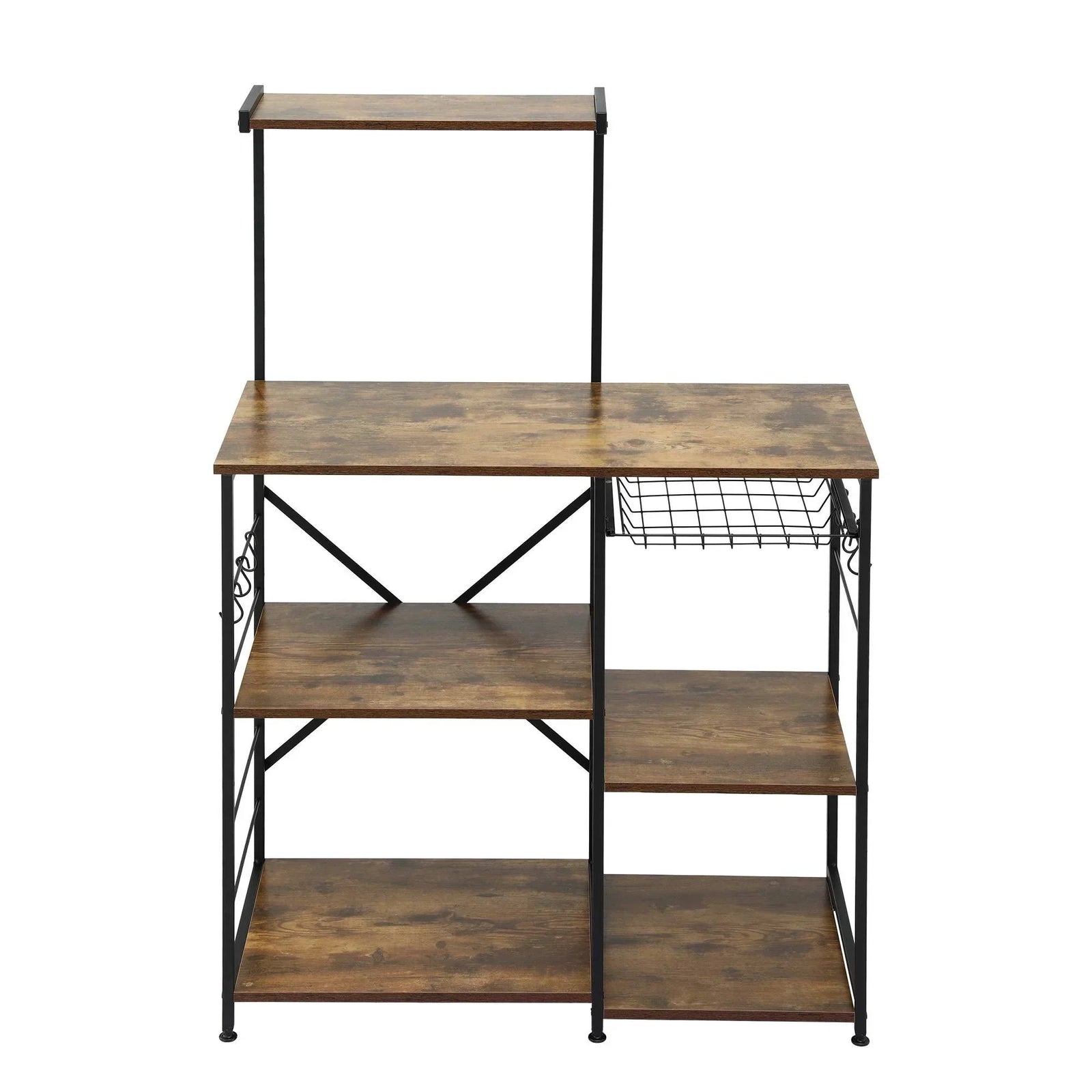 4-Tier Kitchen Rack with Pull Out Basket 6 Hooks Microwave Storage Shelf