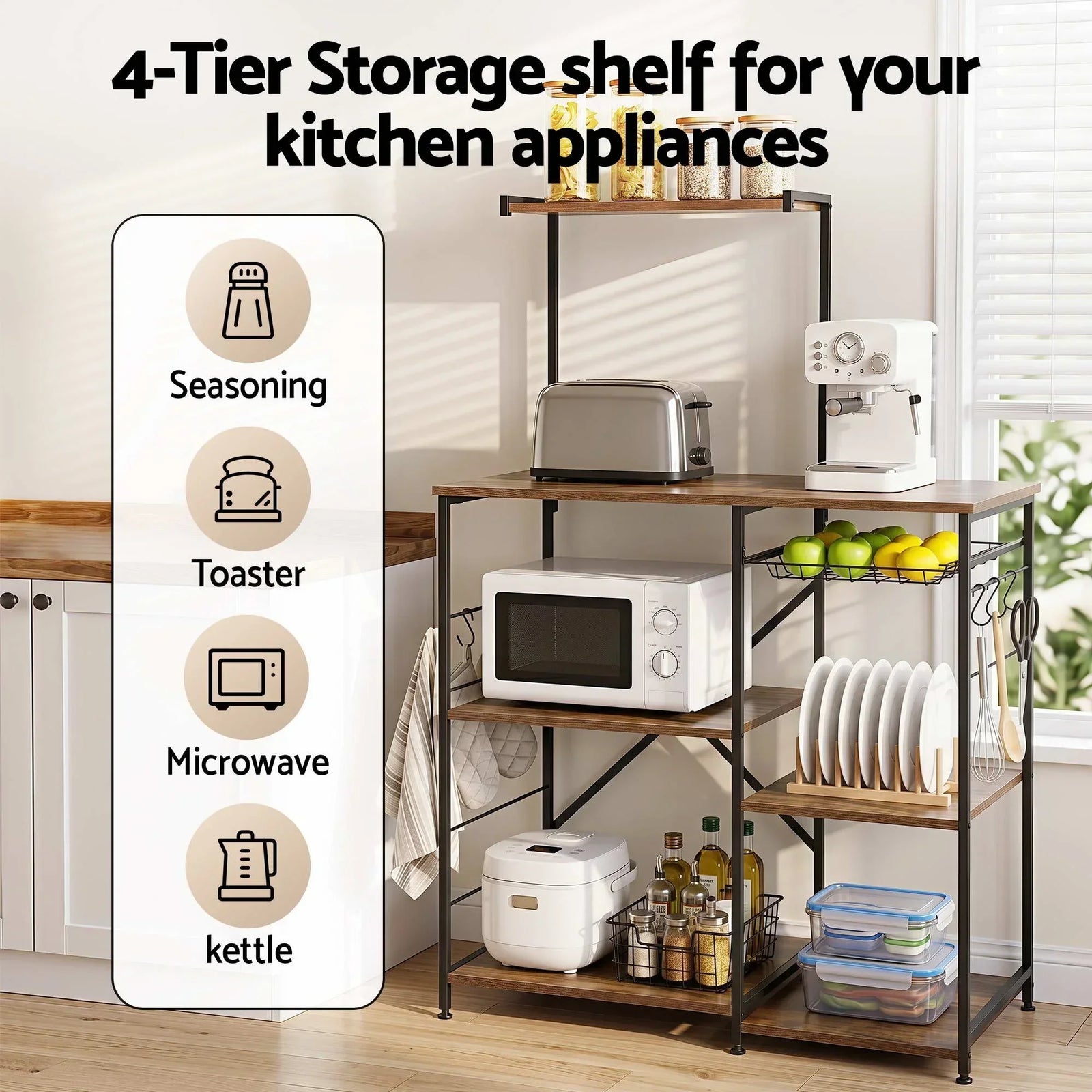 4-Tier Kitchen Rack with Pull Out Basket 6 Hooks Microwave Storage Shelf