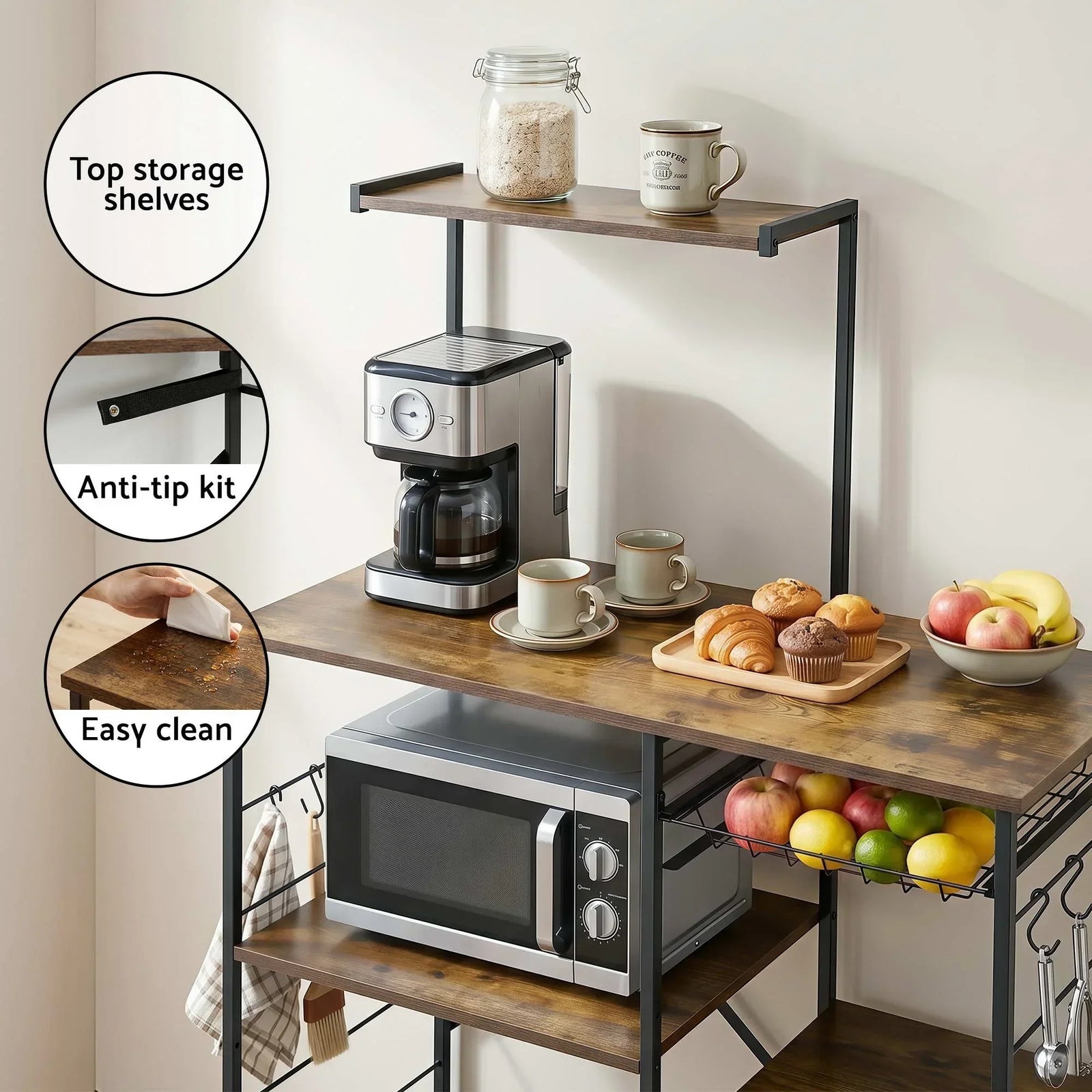 4-Tier Kitchen Rack with Pull Out Basket 6 Hooks Microwave Storage Shelf