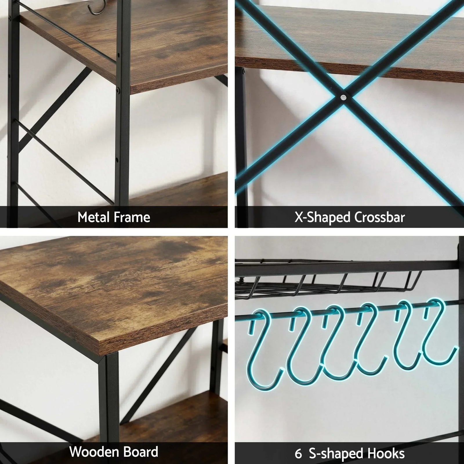 4-Tier Kitchen Rack with Pull Out Basket 6 Hooks Microwave Storage Shelf
