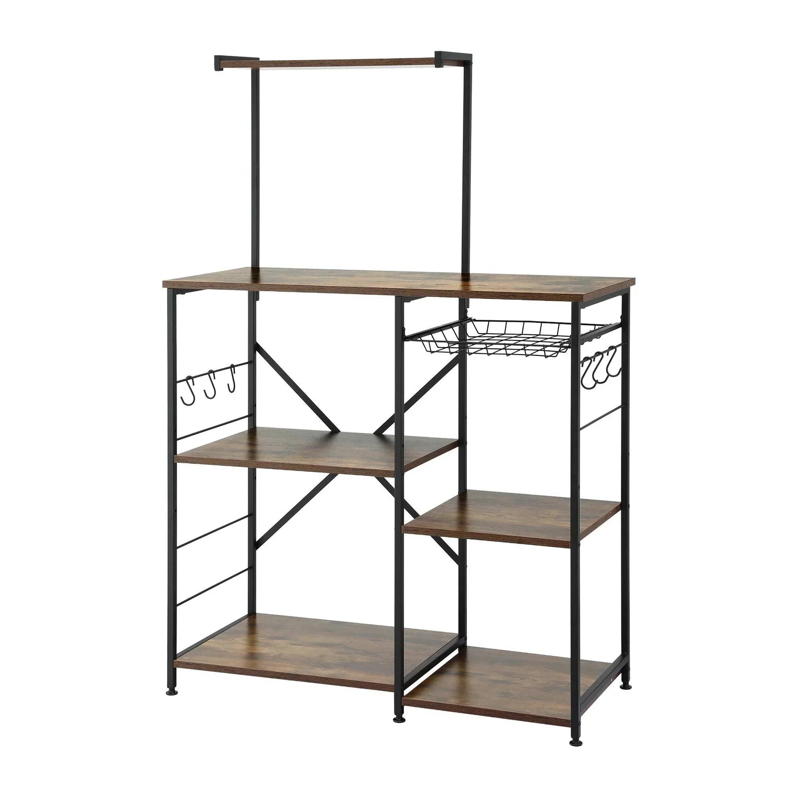4-Tier Kitchen Rack with Pull Out Basket 6 Hooks Microwave Storage Shelf