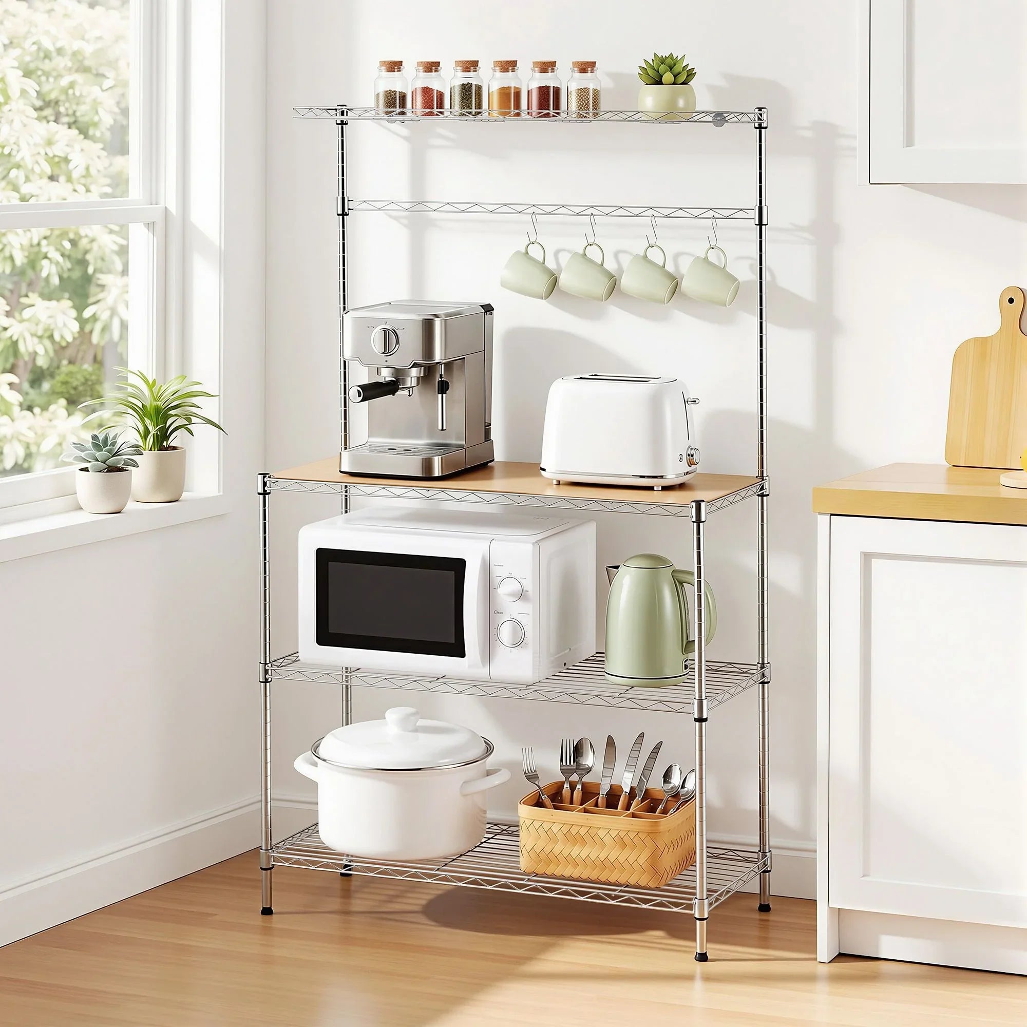Kitchen Rack 4‑Tier Silver – Metal Storage Shelf with Hooks, 90×34×151cm