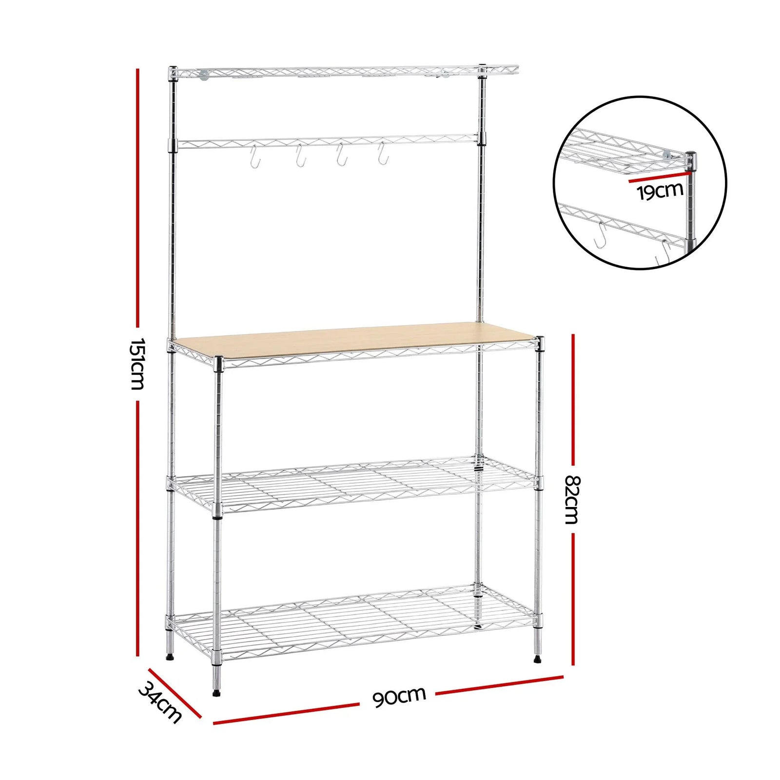 Kitchen Rack 4‑Tier Silver – Metal Storage Shelf with Hooks, 90×34×151cm