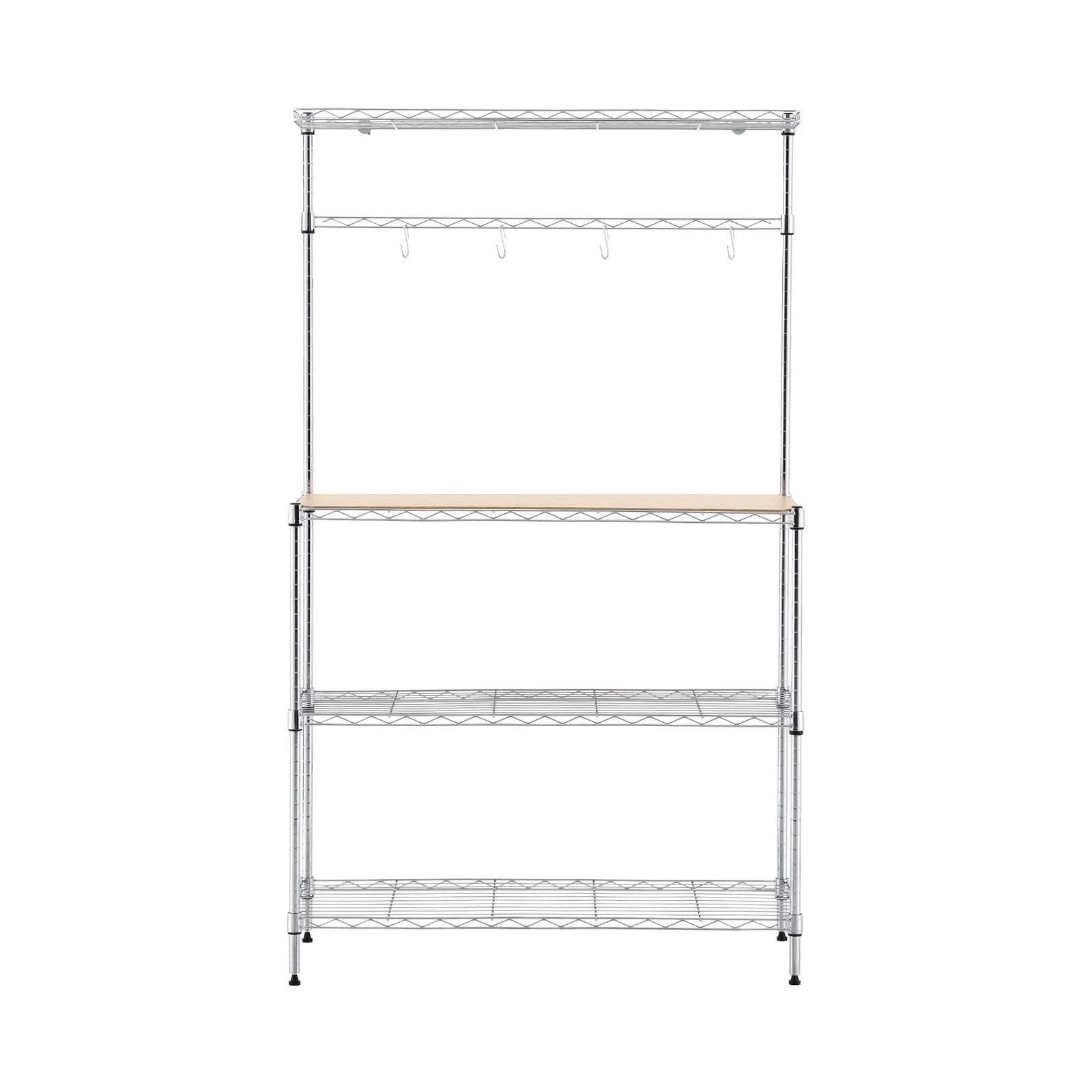 Kitchen Rack 4‑Tier Silver – Metal Storage Shelf with Hooks, 90×34×151cm