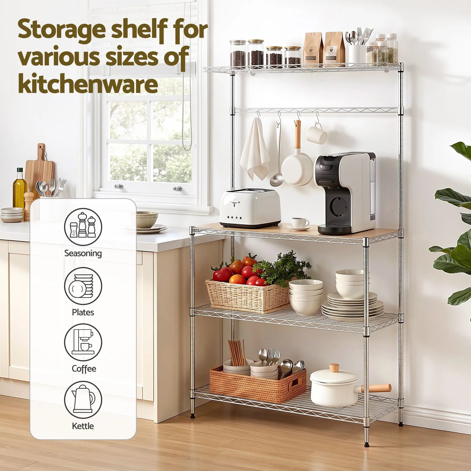 Kitchen Rack 4‑Tier Silver – Metal Storage Shelf with Hooks, 90×34×151cm