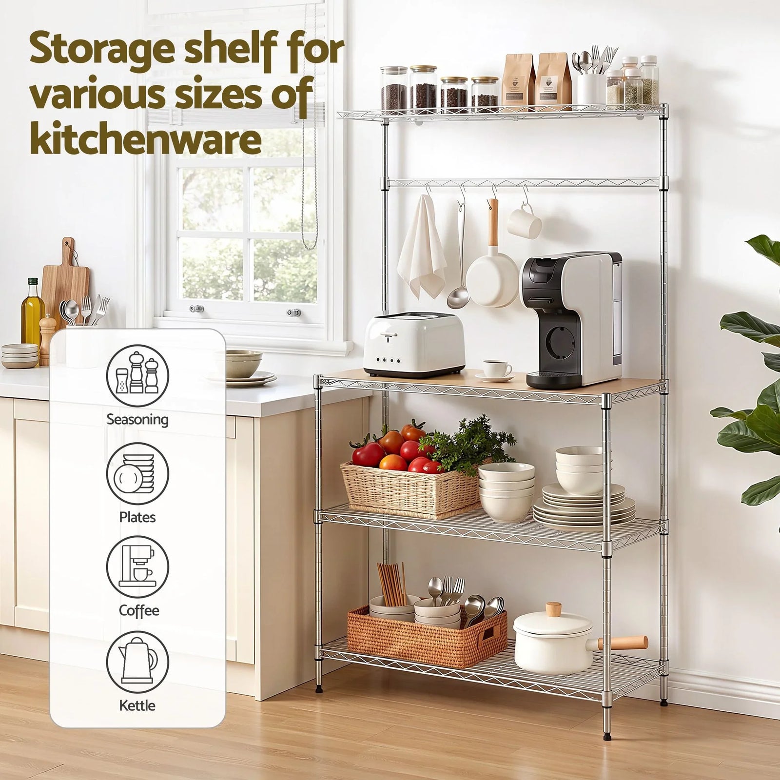 Kitchen Rack 4‑Tier Silver – Metal Storage Shelf with Hooks, 90×34×151cm