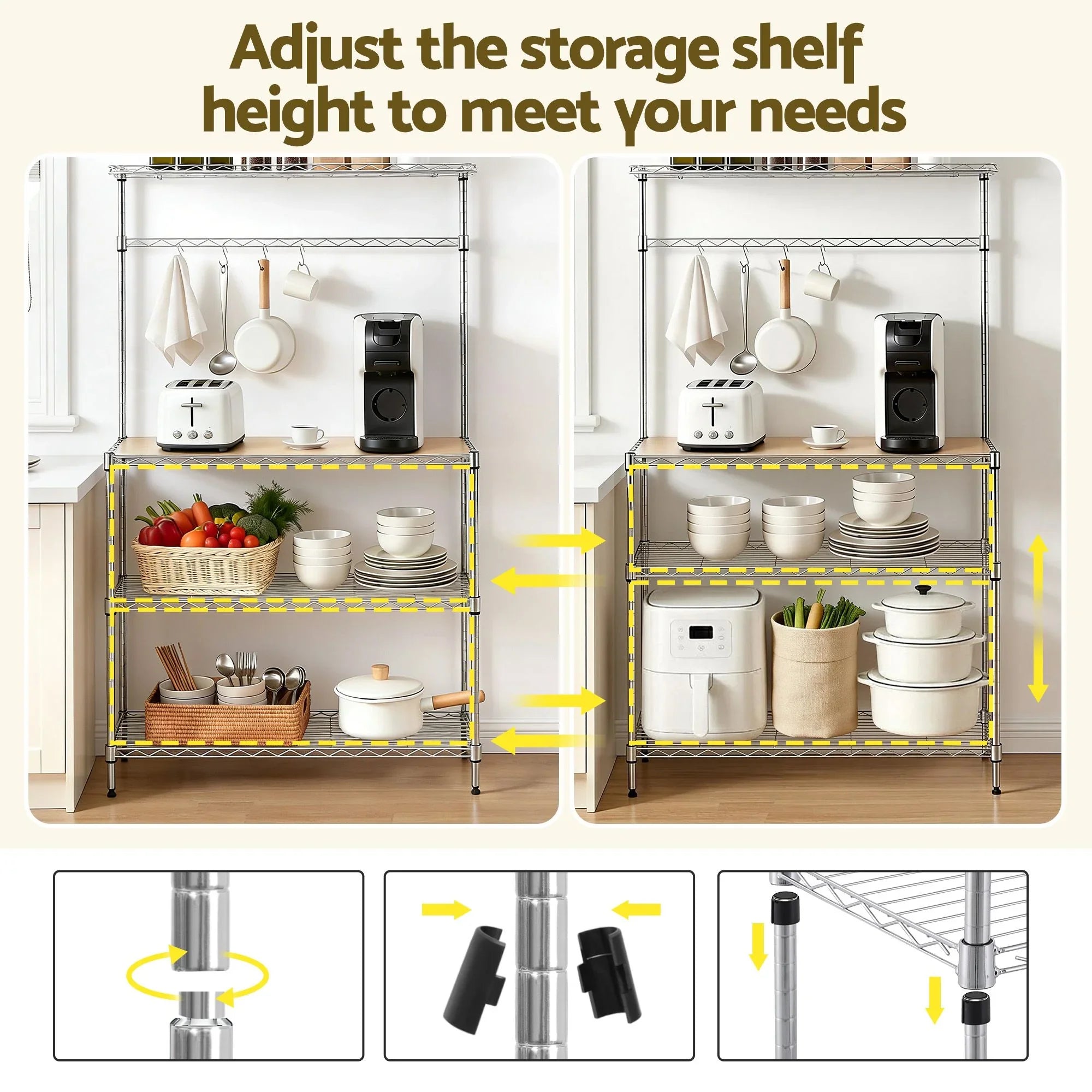 Kitchen Rack 4‑Tier Silver – Metal Storage Shelf with Hooks, 90×34×151cm