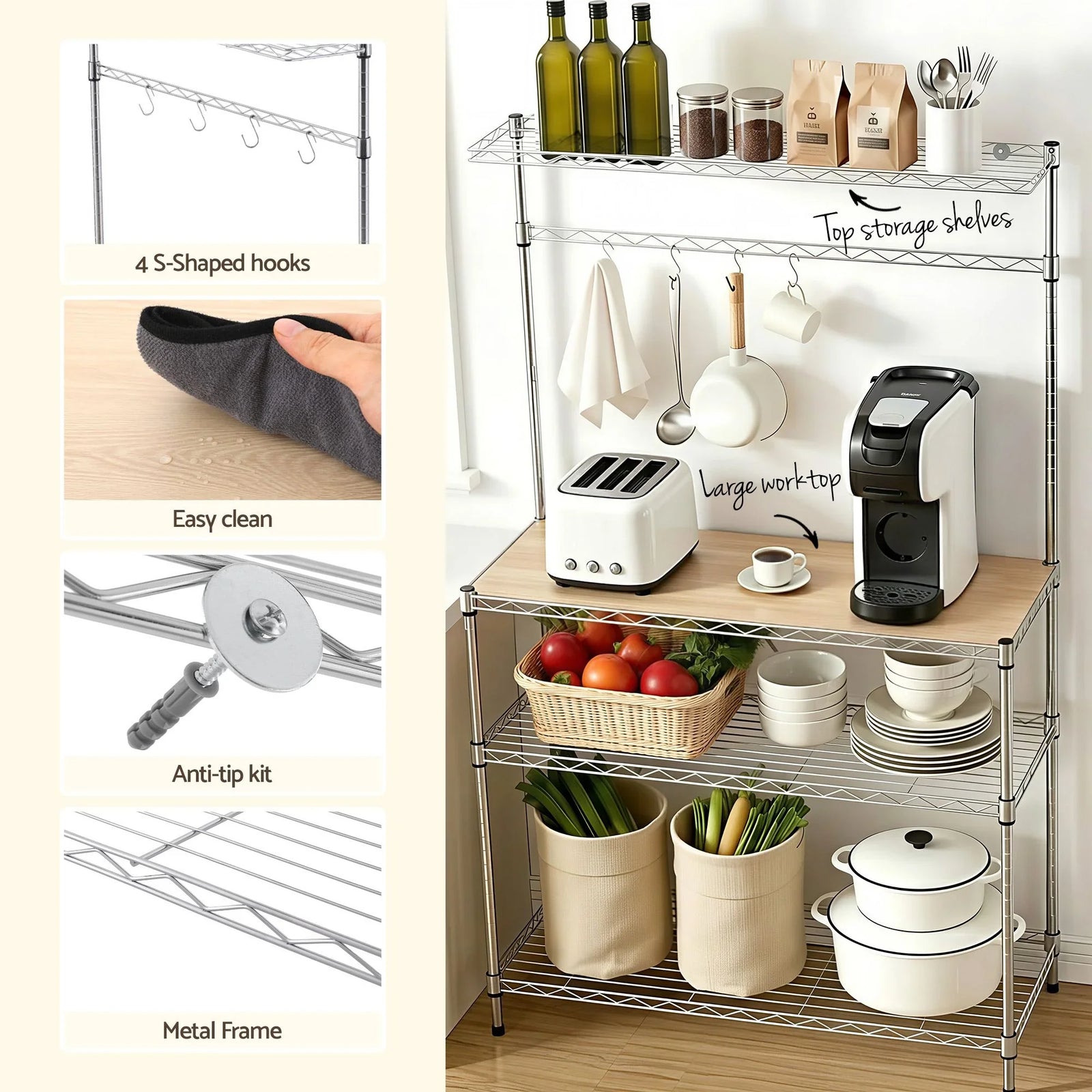Kitchen Rack 4‑Tier Silver – Metal Storage Shelf with Hooks, 90×34×151cm
