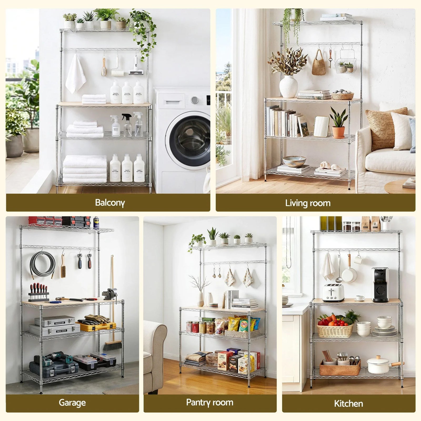 Kitchen Rack 4‑Tier Silver – Metal Storage Shelf with Hooks, 90×34×151cm