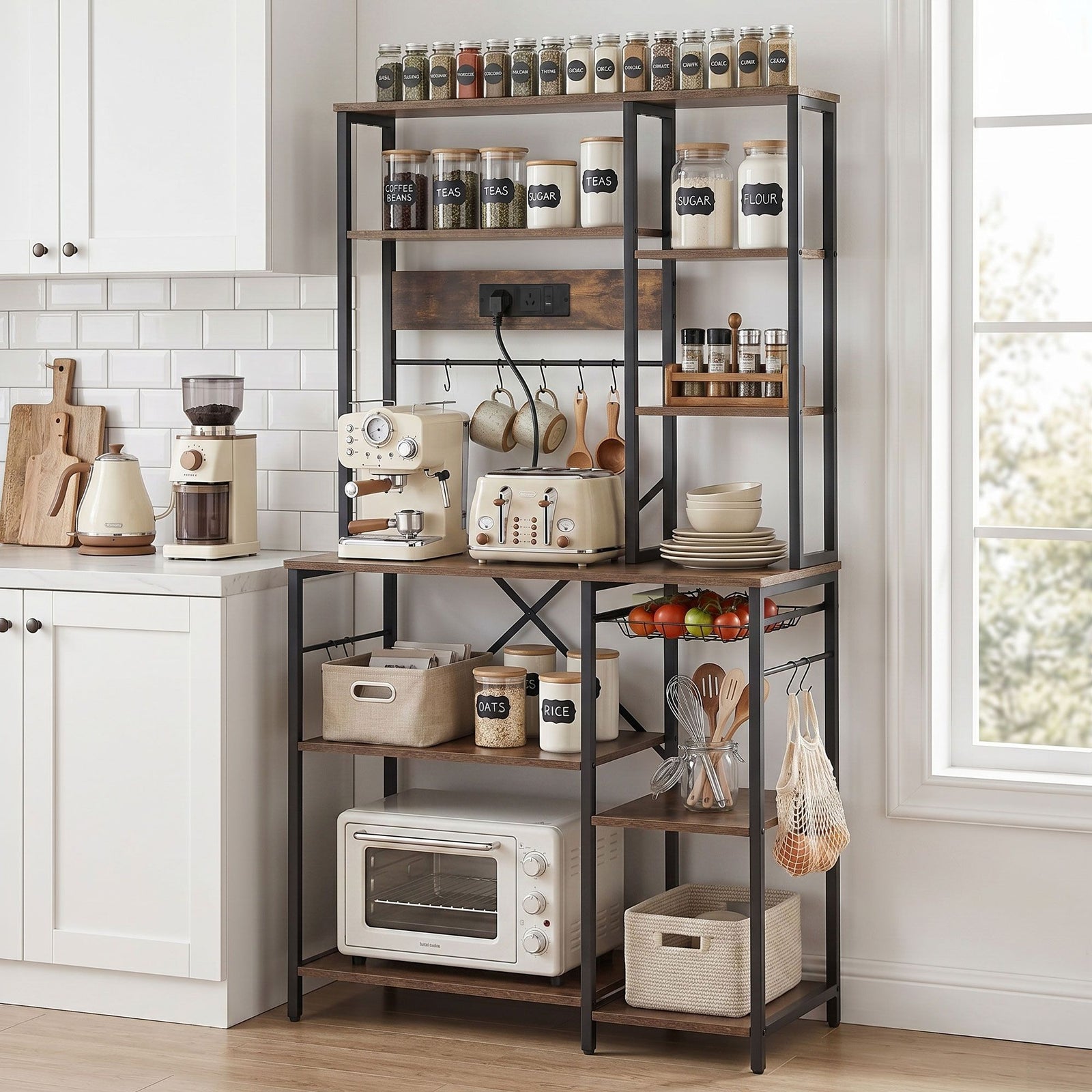 Kitchen Utility Rack – 96cm, Power Outlets, Hooks, Pull‑Out Basket, Black/Brown