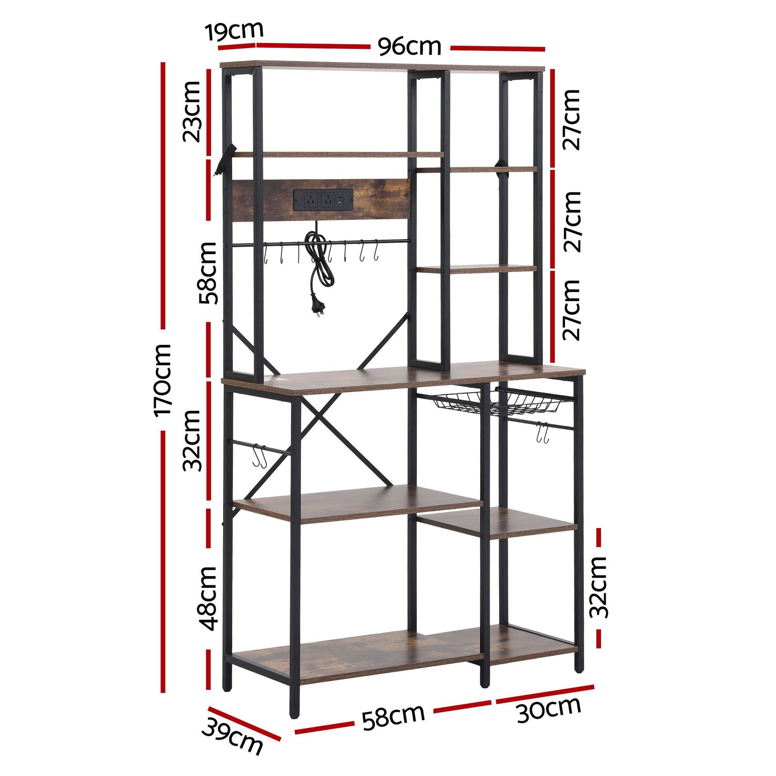 Kitchen Utility Rack – 96cm, Power Outlets, Hooks, Pull‑Out Basket, Black/Brown