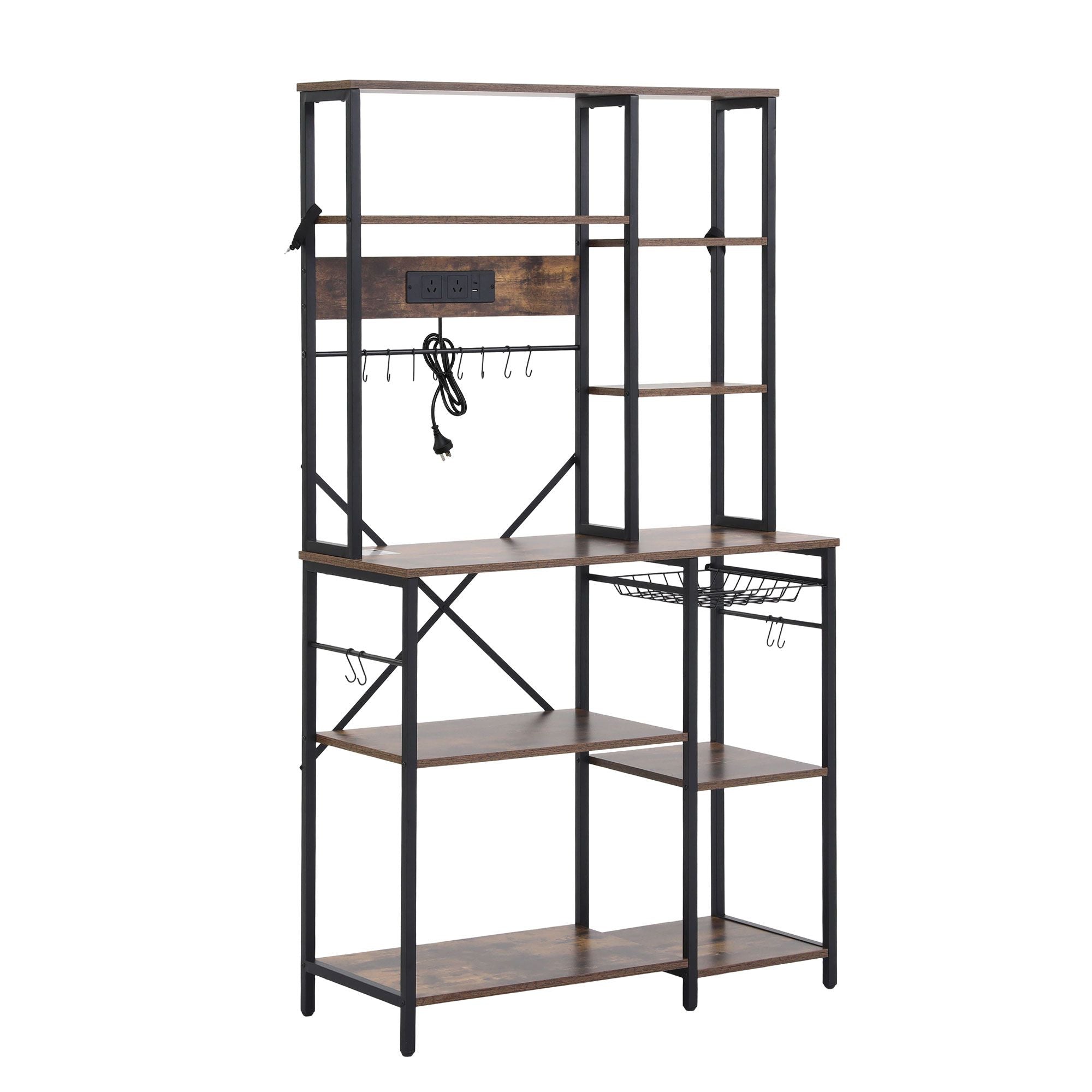 Kitchen Utility Rack – 96cm, Power Outlets, Hooks, Pull‑Out Basket, Black/Brown