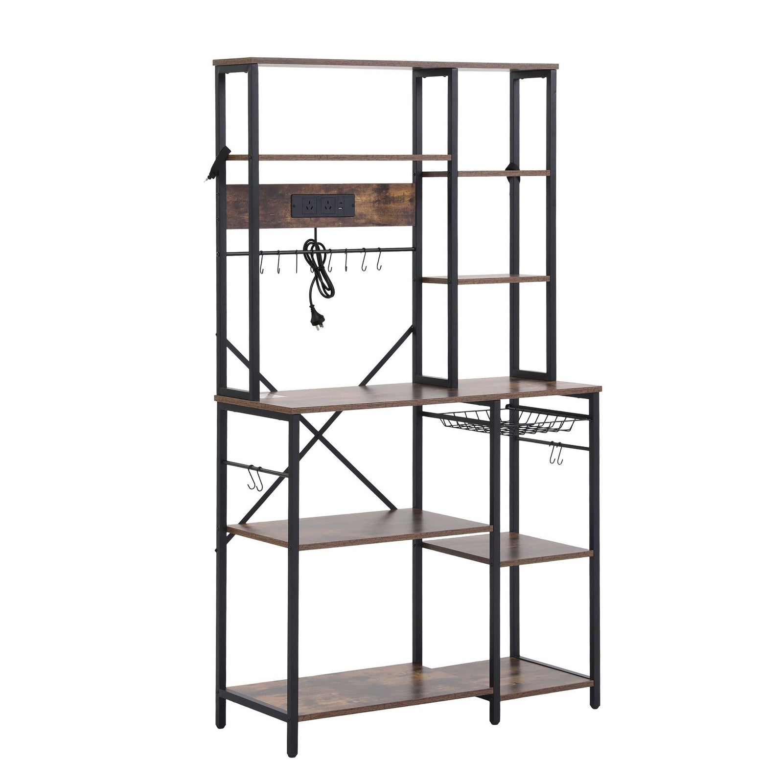 Kitchen Utility Rack – 96cm, Power Outlets, Hooks, Pull‑Out Basket, Black/Brown