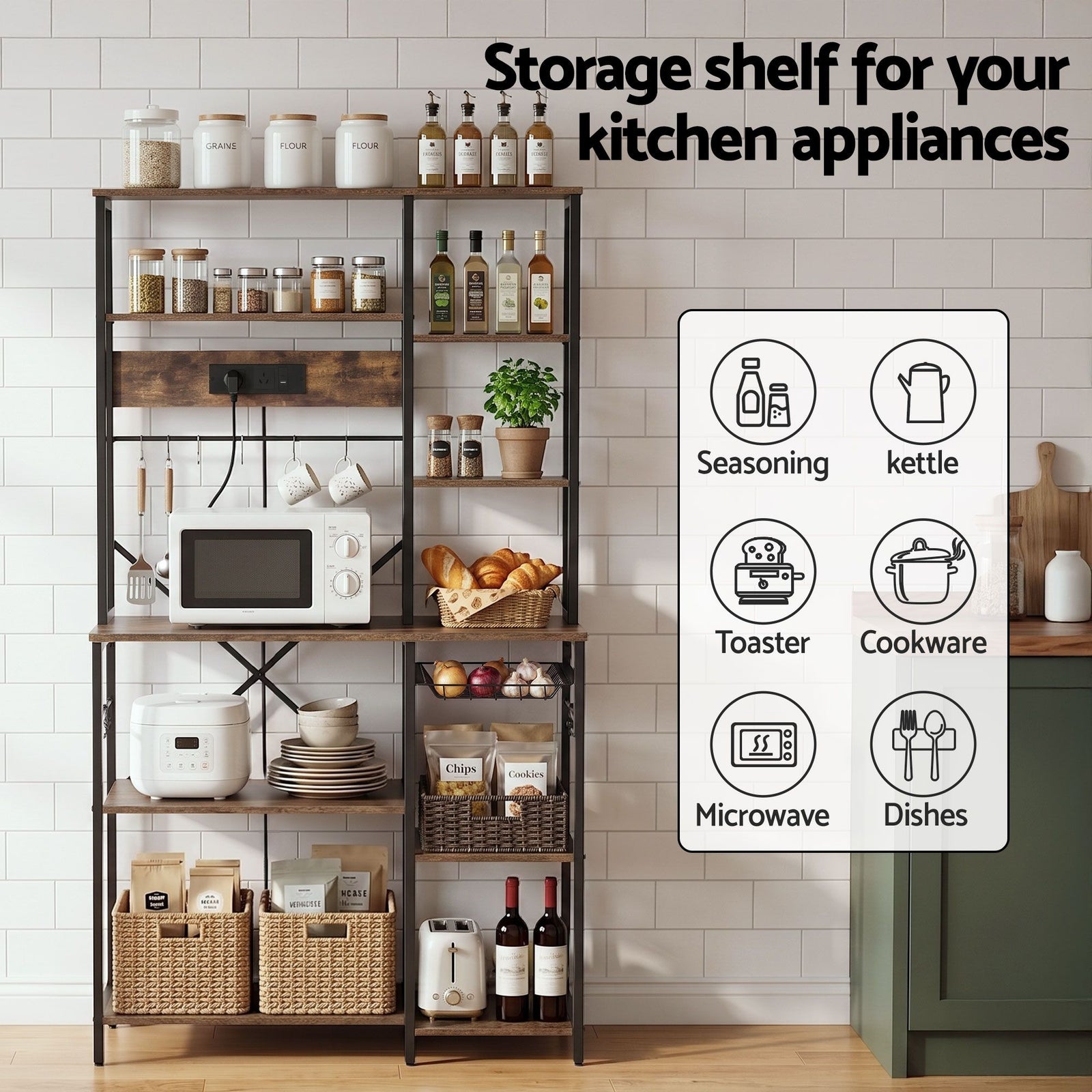 Kitchen Utility Rack – 96cm, Power Outlets, Hooks, Pull‑Out Basket, Black/Brown