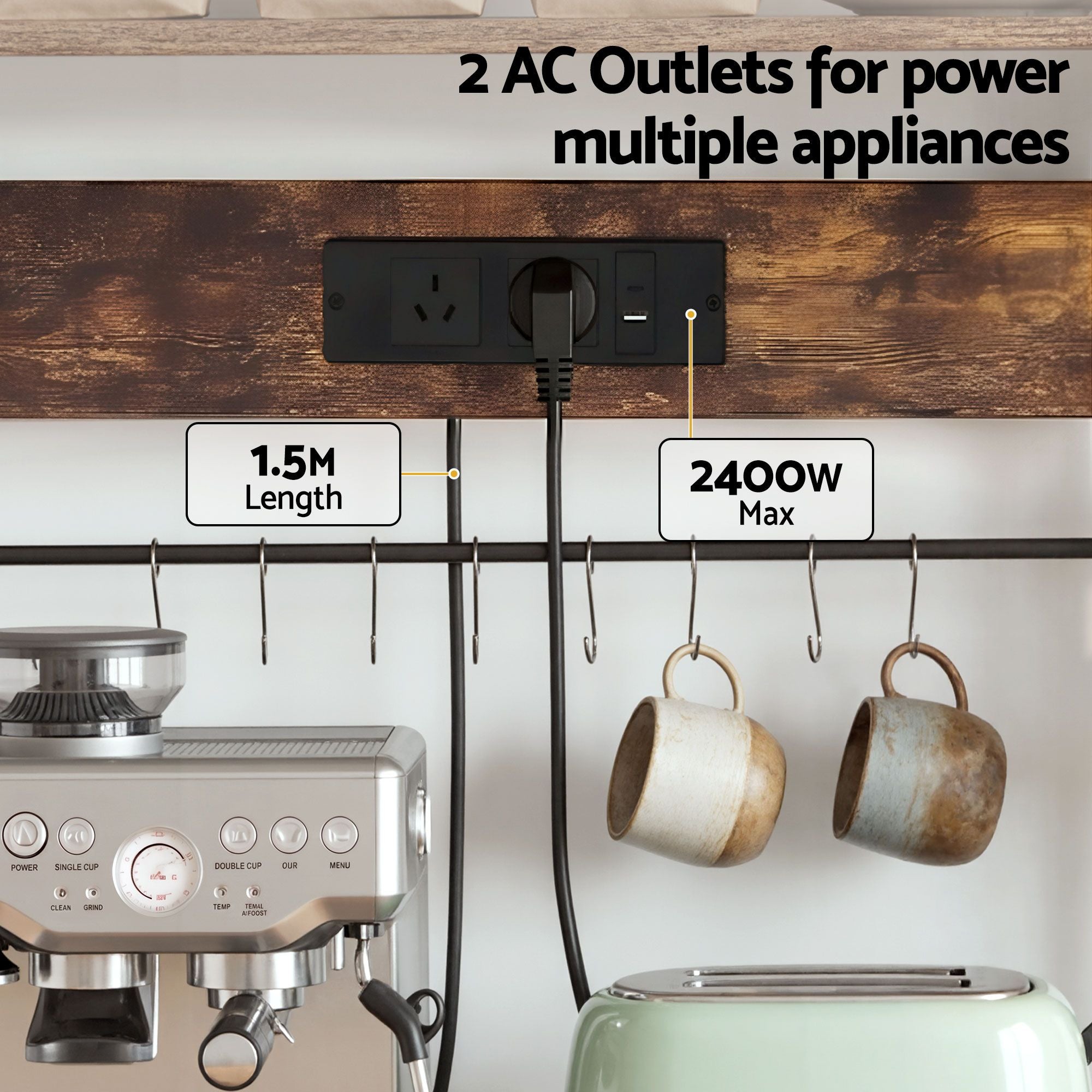 Kitchen Utility Rack – 96cm, Power Outlets, Hooks, Pull‑Out Basket, Black/Brown