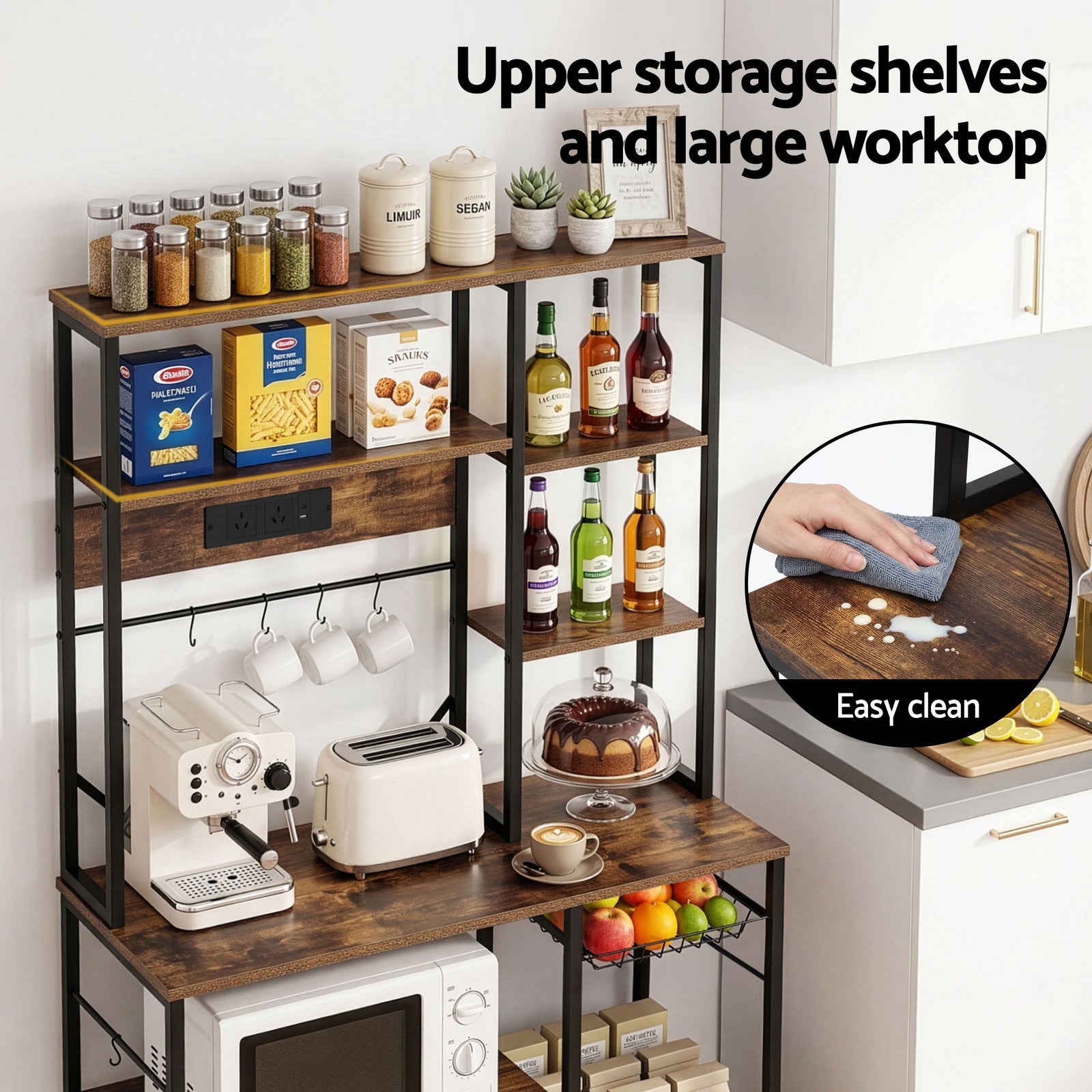 Kitchen Utility Rack – 96cm, Power Outlets, Hooks, Pull‑Out Basket, Black/Brown