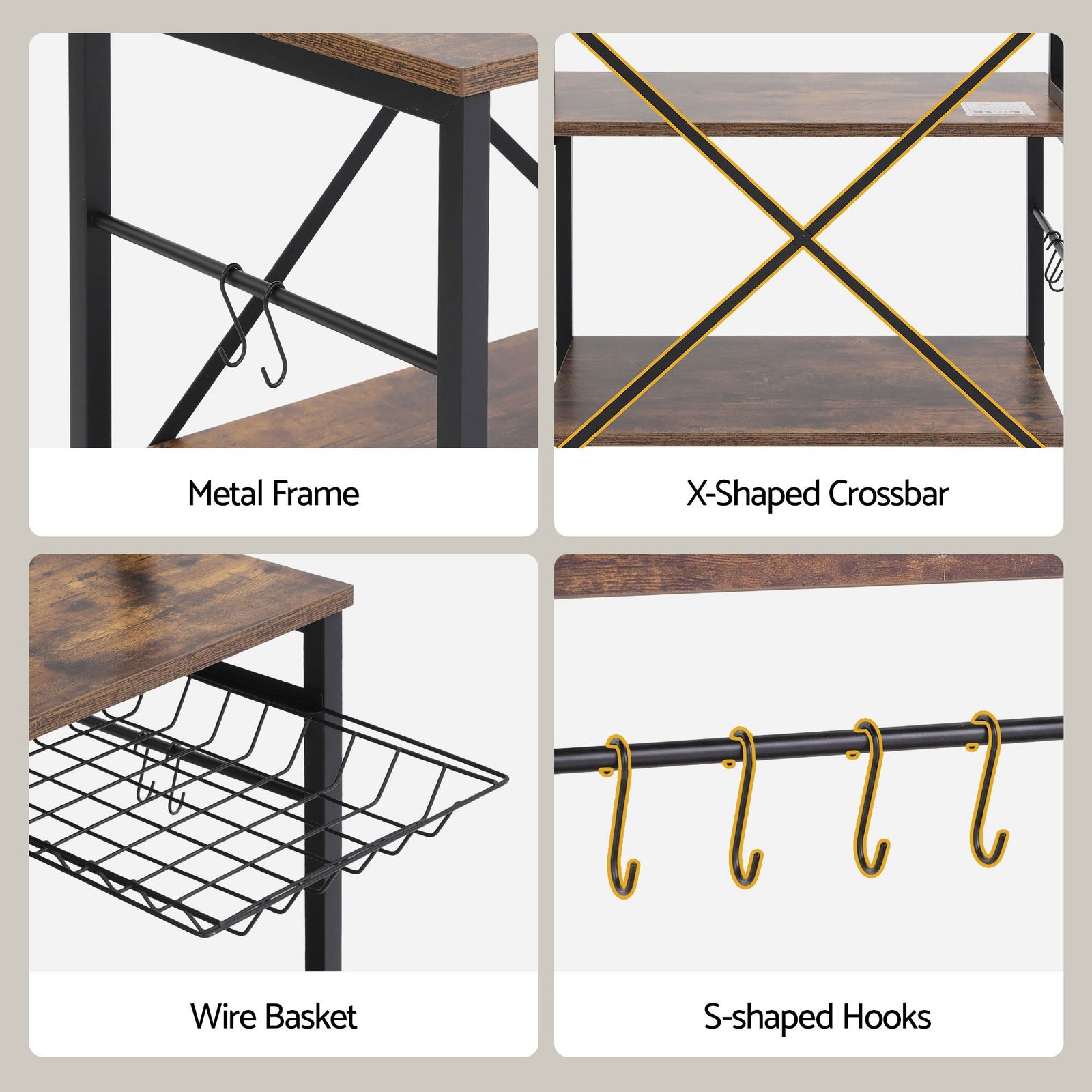 Kitchen Utility Rack – 96cm, Power Outlets, Hooks, Pull‑Out Basket, Black/Brown