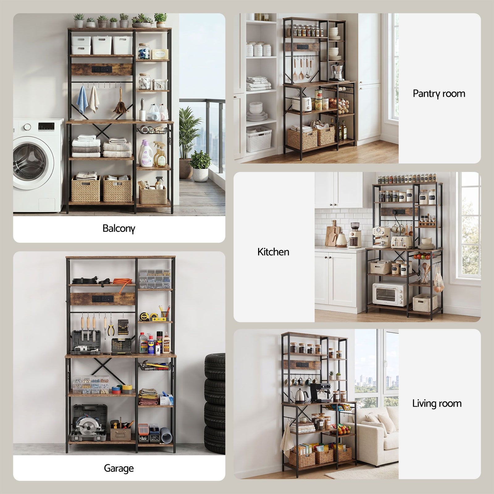 Kitchen Utility Rack – 96cm, Power Outlets, Hooks, Pull‑Out Basket, Black/Brown