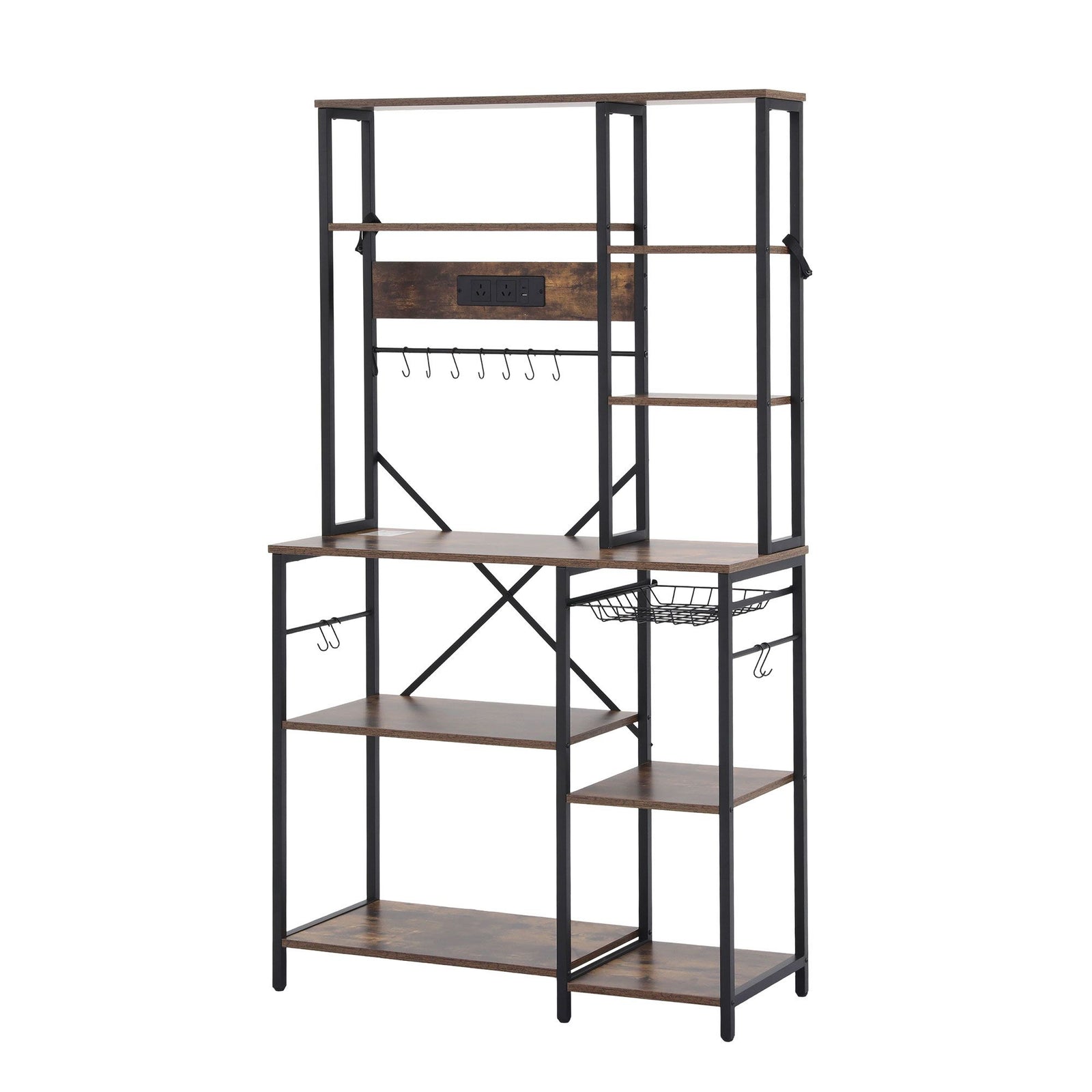 Kitchen Utility Rack – 96cm, Power Outlets, Hooks, Pull‑Out Basket, Black/Brown