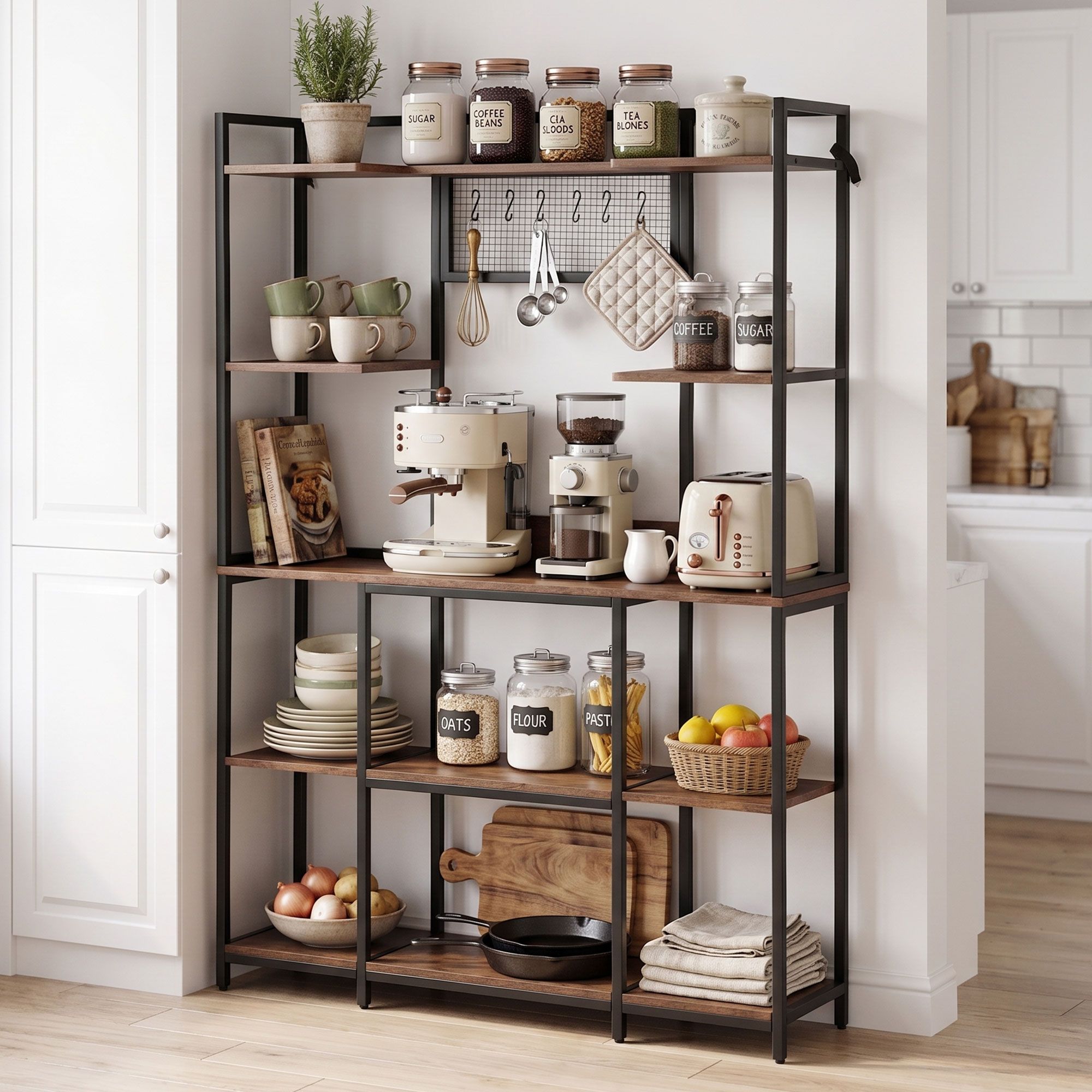 Kitchen Utility Rack 120cm – Microwave Shelf with 6 Hooks, Black & Brown
