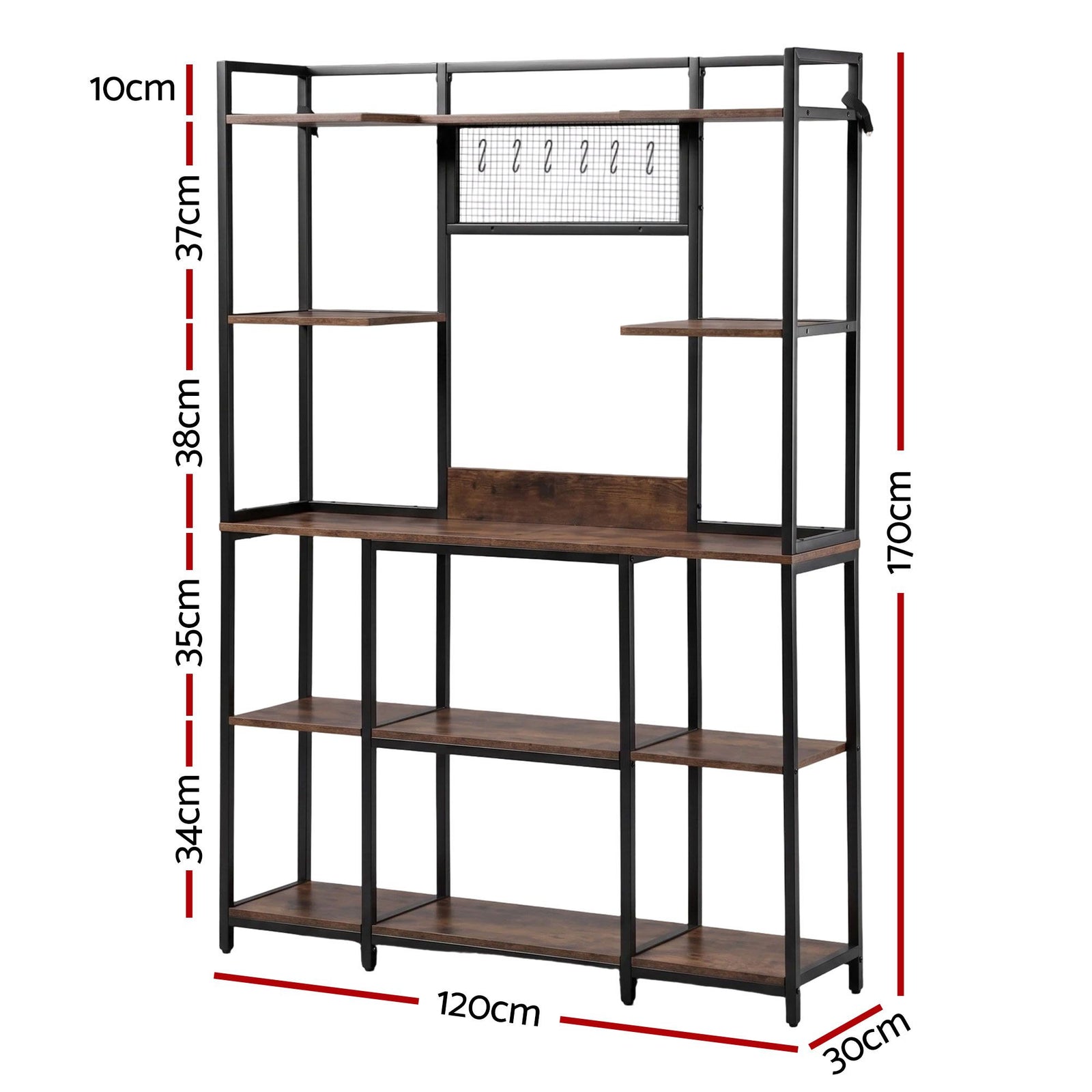 Kitchen Utility Rack 120cm – Microwave Shelf with 6 Hooks, Black & Brown