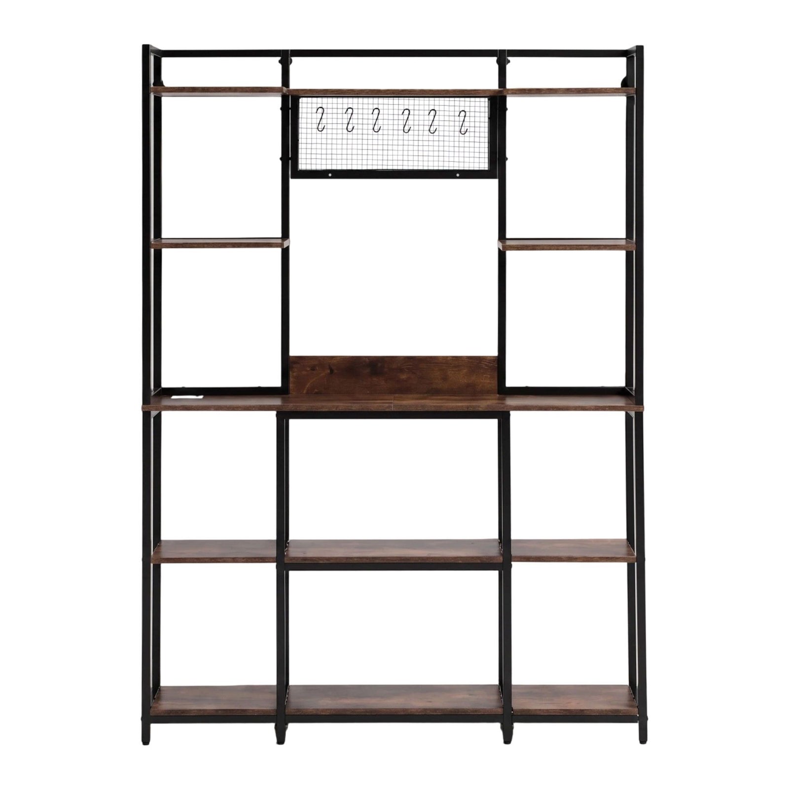 Kitchen Utility Rack 120cm – Microwave Shelf with 6 Hooks, Black & Brown