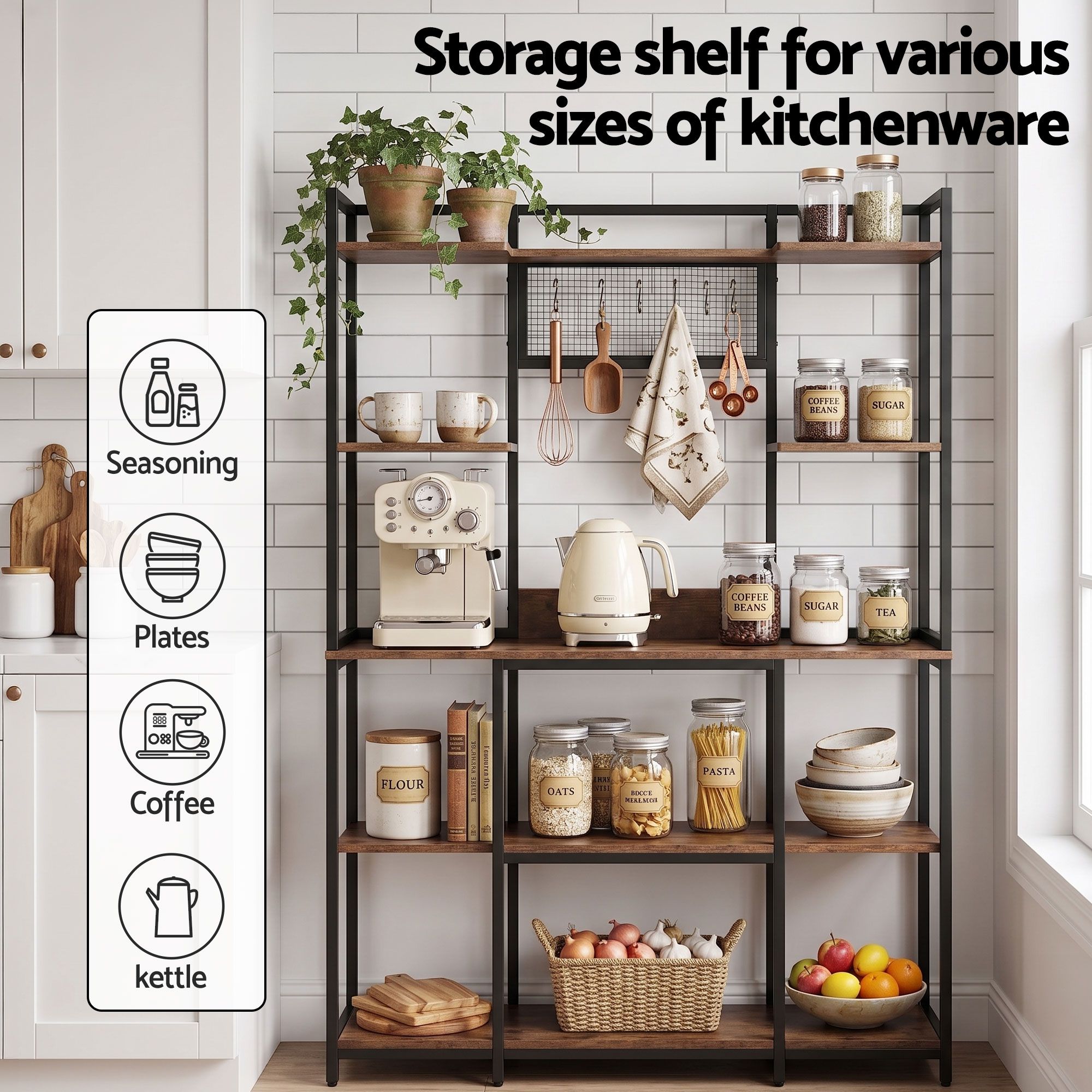 Kitchen Utility Rack 120cm – Microwave Shelf with 6 Hooks, Black & Brown