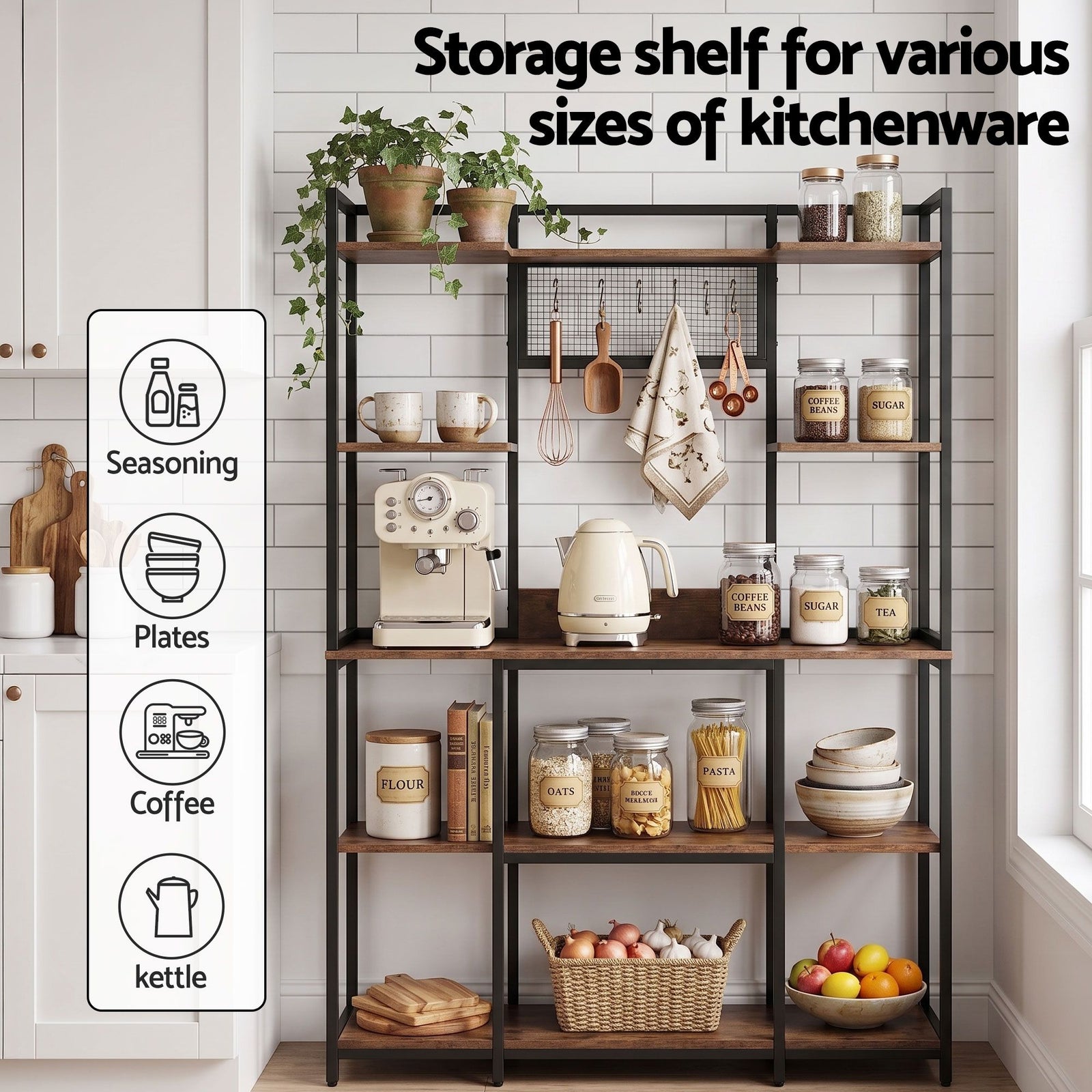 Kitchen Utility Rack 120cm – Microwave Shelf with 6 Hooks, Black & Brown