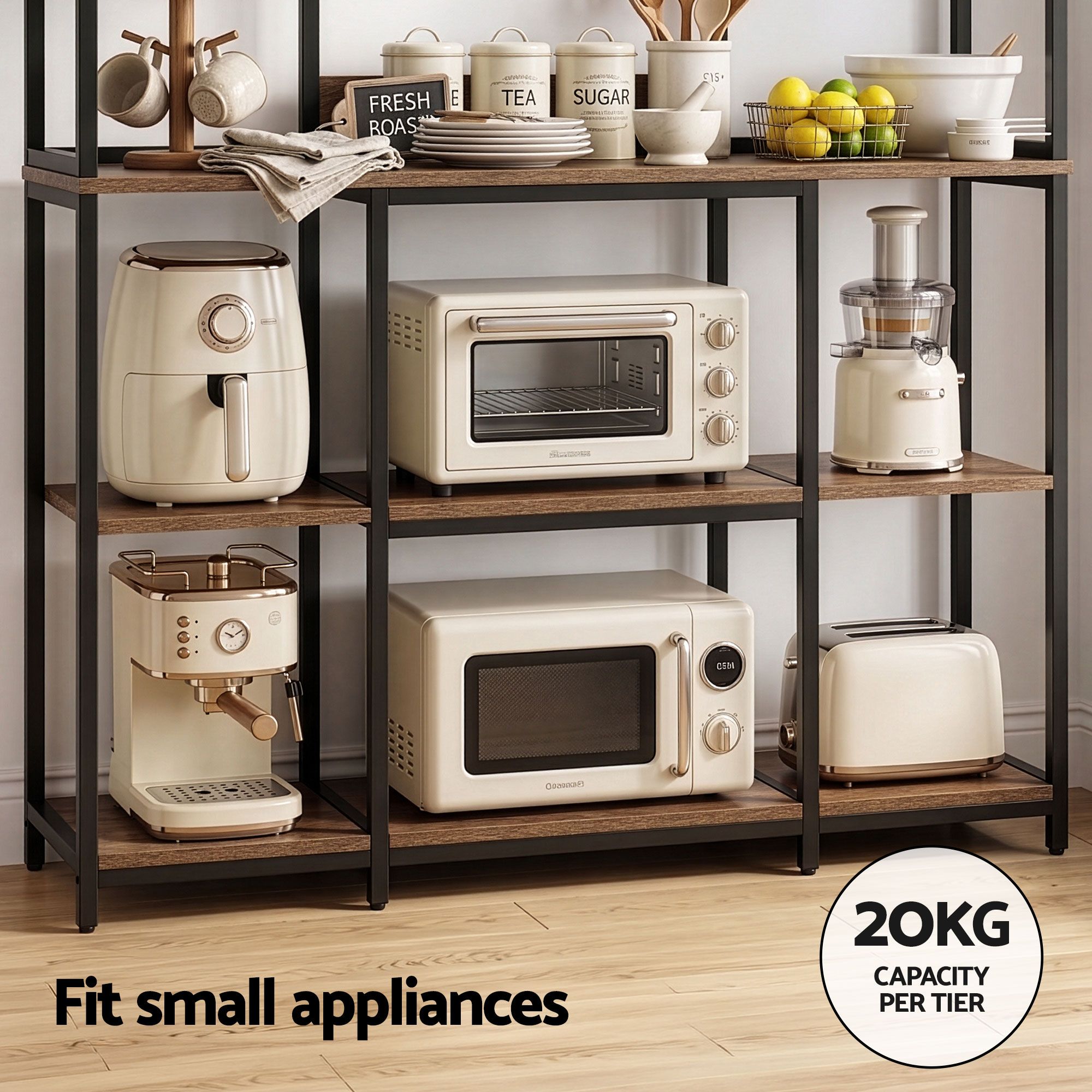 Kitchen Utility Rack 120cm – Microwave Shelf with 6 Hooks, Black & Brown