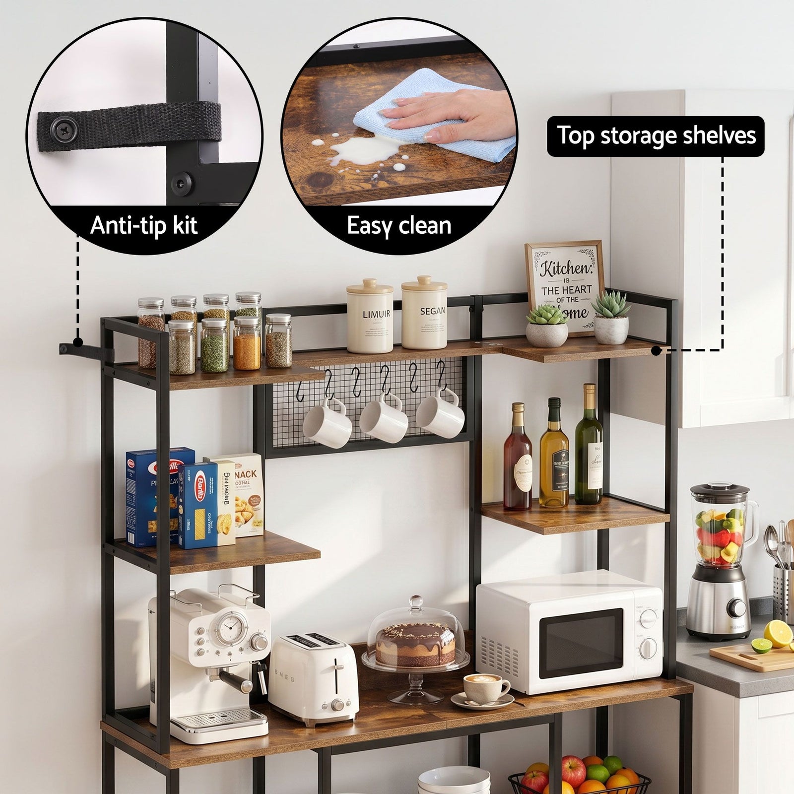 Kitchen Utility Rack 120cm – Microwave Shelf with 6 Hooks, Black & Brown