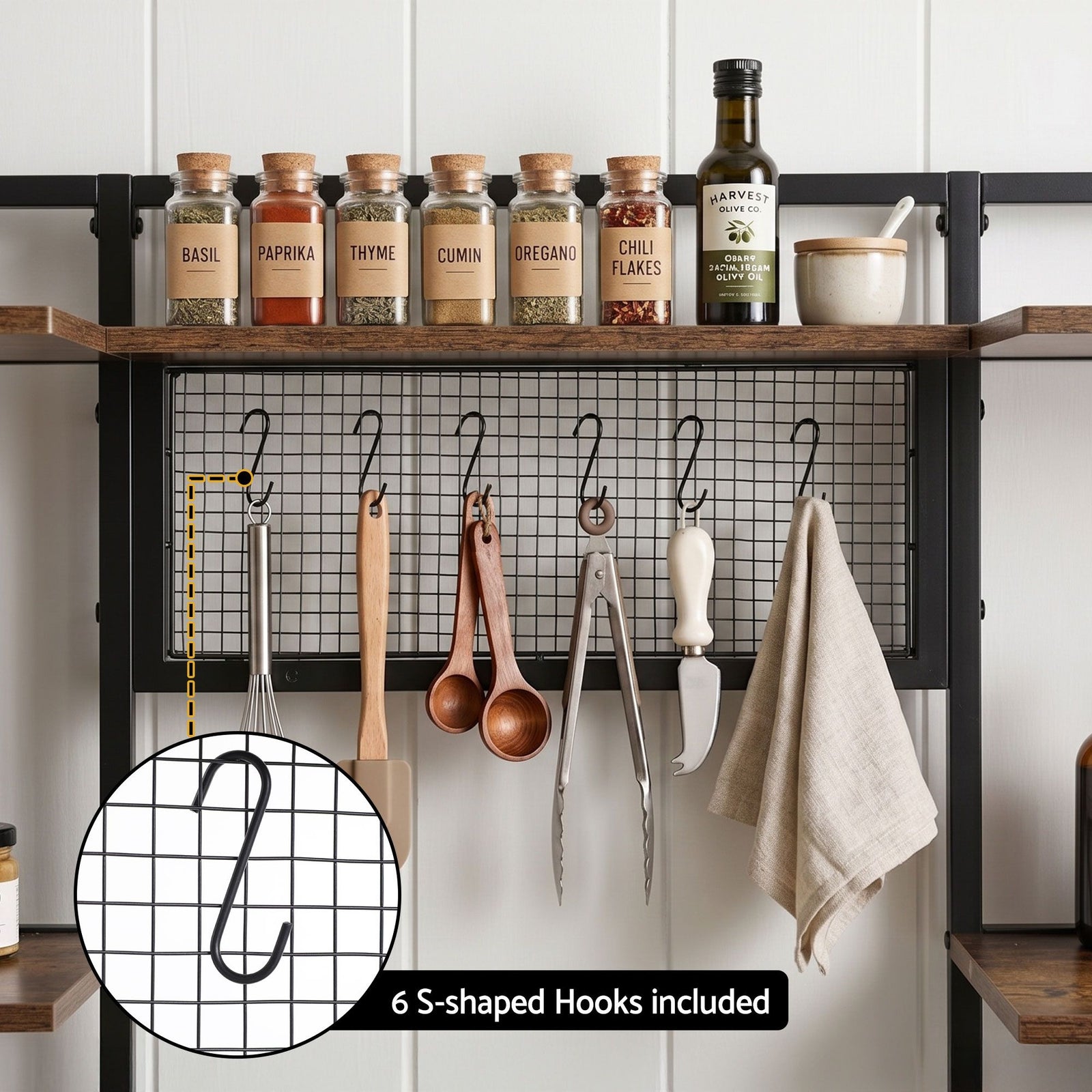 Kitchen Utility Rack 120cm – Microwave Shelf with 6 Hooks, Black & Brown