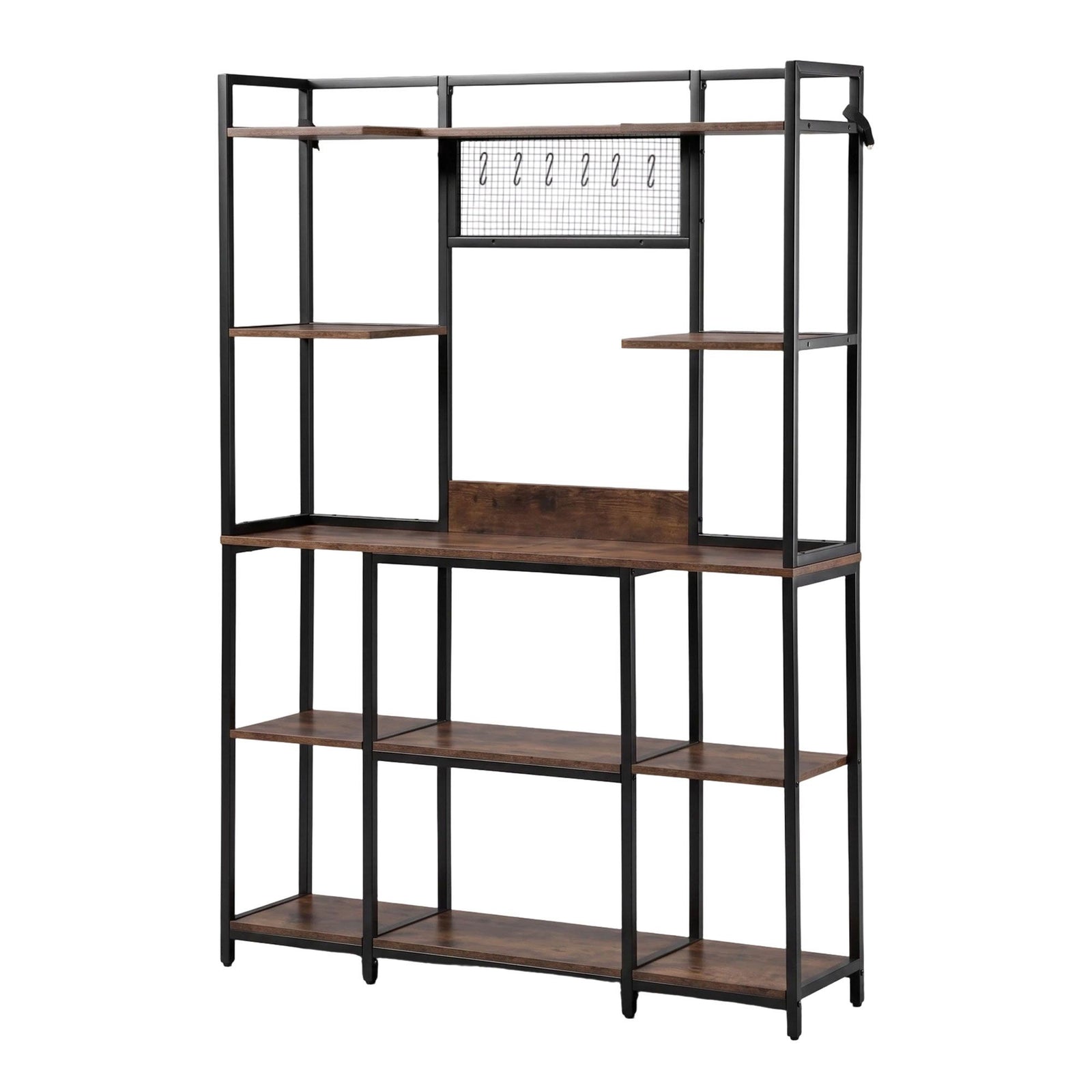 Kitchen Utility Rack 120cm – Microwave Shelf with 6 Hooks, Black & Brown