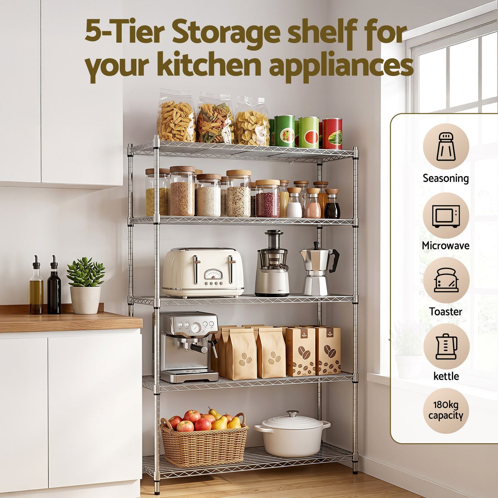 5‑Tier Metal Shelving Unit – Heavy‑Duty 180kg/Tier, 120×45×179cm, Silver