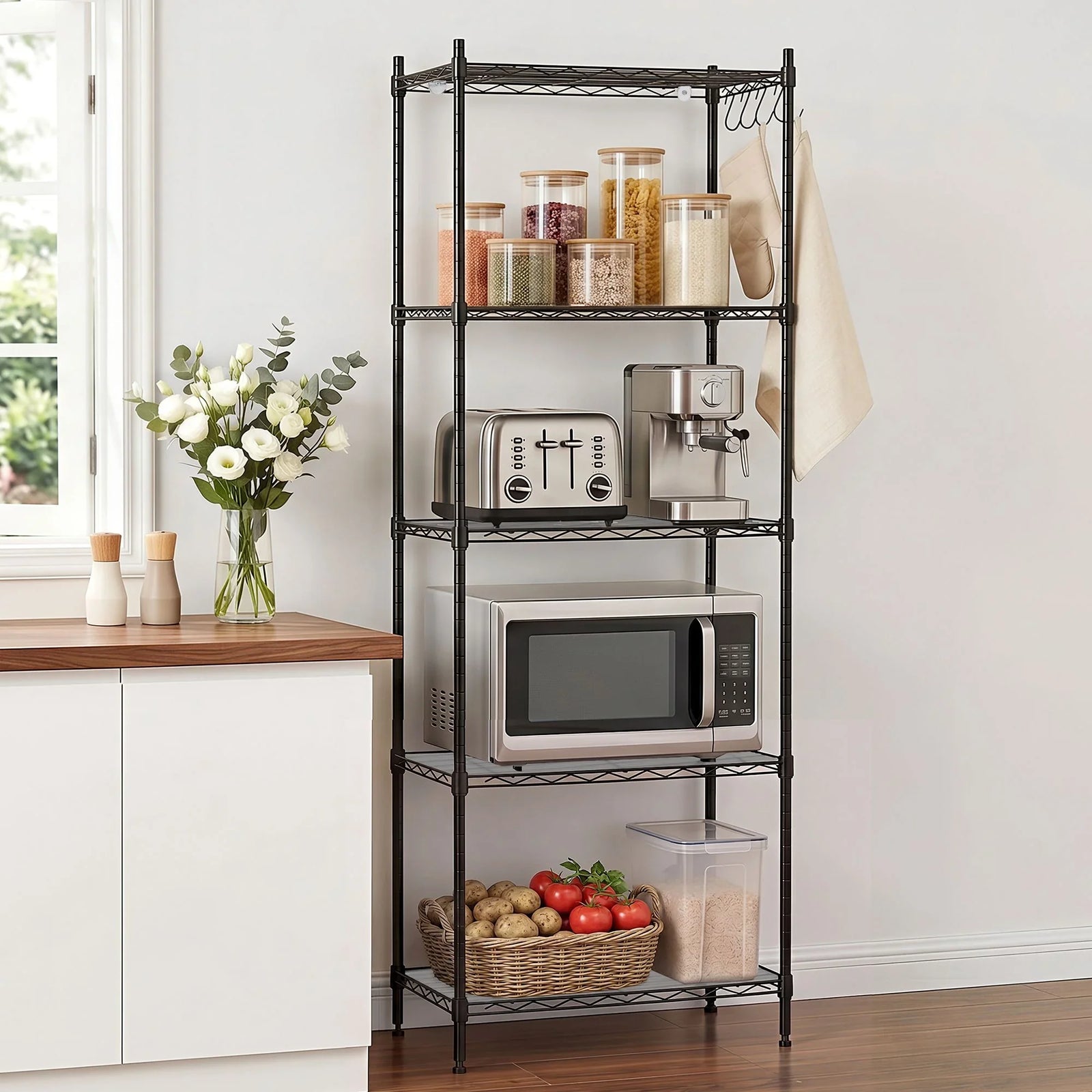 Kitchen Rack 5‑Tier 55×30×150cm – Metal Storage Shelving Unit, 50kg/Tier, Black